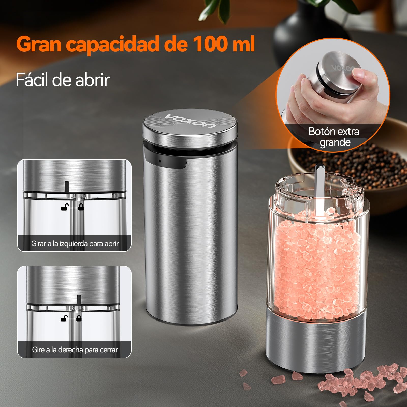 VOXON Molinillo Pimienta Eléctrico Set de 2, Salero y Pimentero con Recarga USB, 5 Niveles Ajustables, Pimentero Eléctrico Automático con Luz LED – Saleros de Cocina para BBQ y Hogar