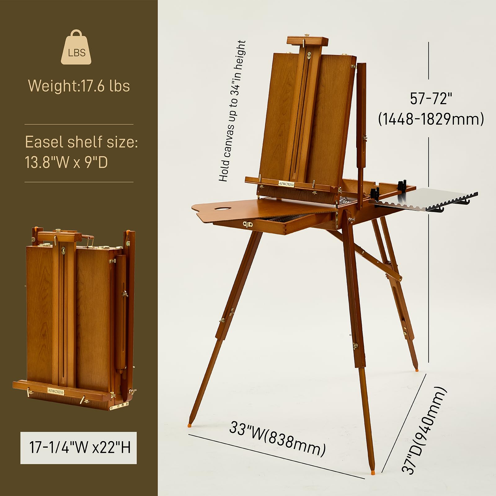 Staffelei Holz Groß, Französische Kofferstaffelei Studio-Skizzenbox aus Buchenholz, Tragbare Kunststaffelei mit Schublade für Künstler, Hält Leinwand bis zu 86,4cm, Leichtes Walnuss