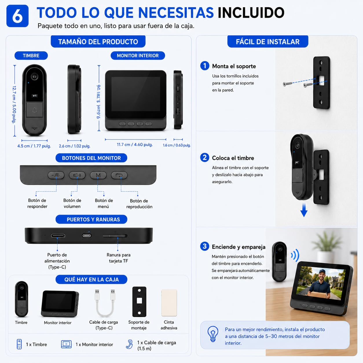Winnes Timbre Inalámbrico con Cámara, Timbre con Vídeo Inalámbrico, Audio Bidireccional, Pantalla 4.3 IPS 1080P, Cámara Gran Angular de 170°, Visión Nocturna, No Requiere Suscripción y WiFi, 2.4GHZ