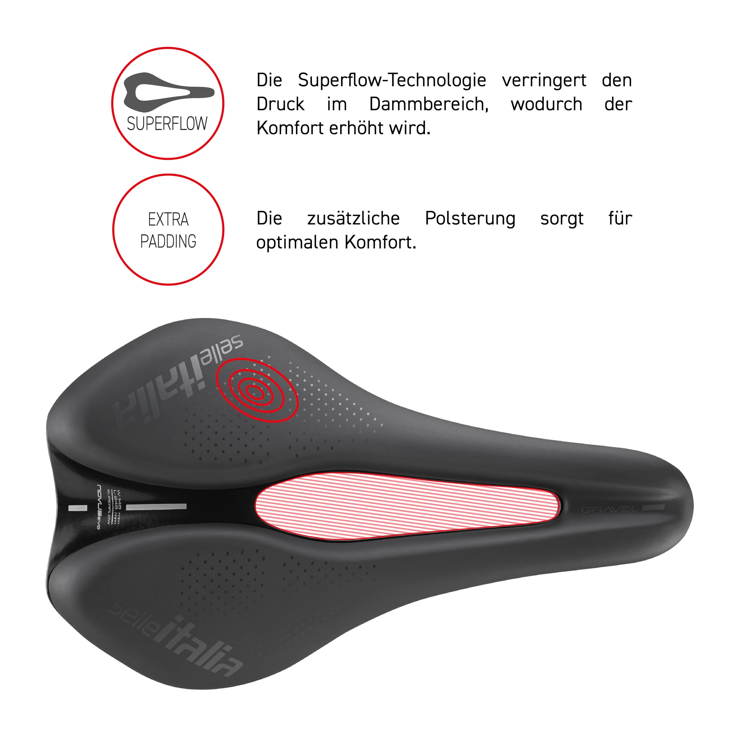 Selle Italia Novus Boost EVO Gravel TM Superflow – Gravel-Fahrradsattel, extra gepolsterter Rennradsattel, Superflow-Loch
