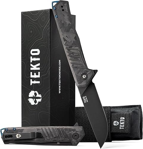 TEKTO F1 Alpha - Cuchillo plegable fabricado en Estados Unidos, hoja trasera recta modificada, acero D2, mango táctico de fibra de carbono forjada,
