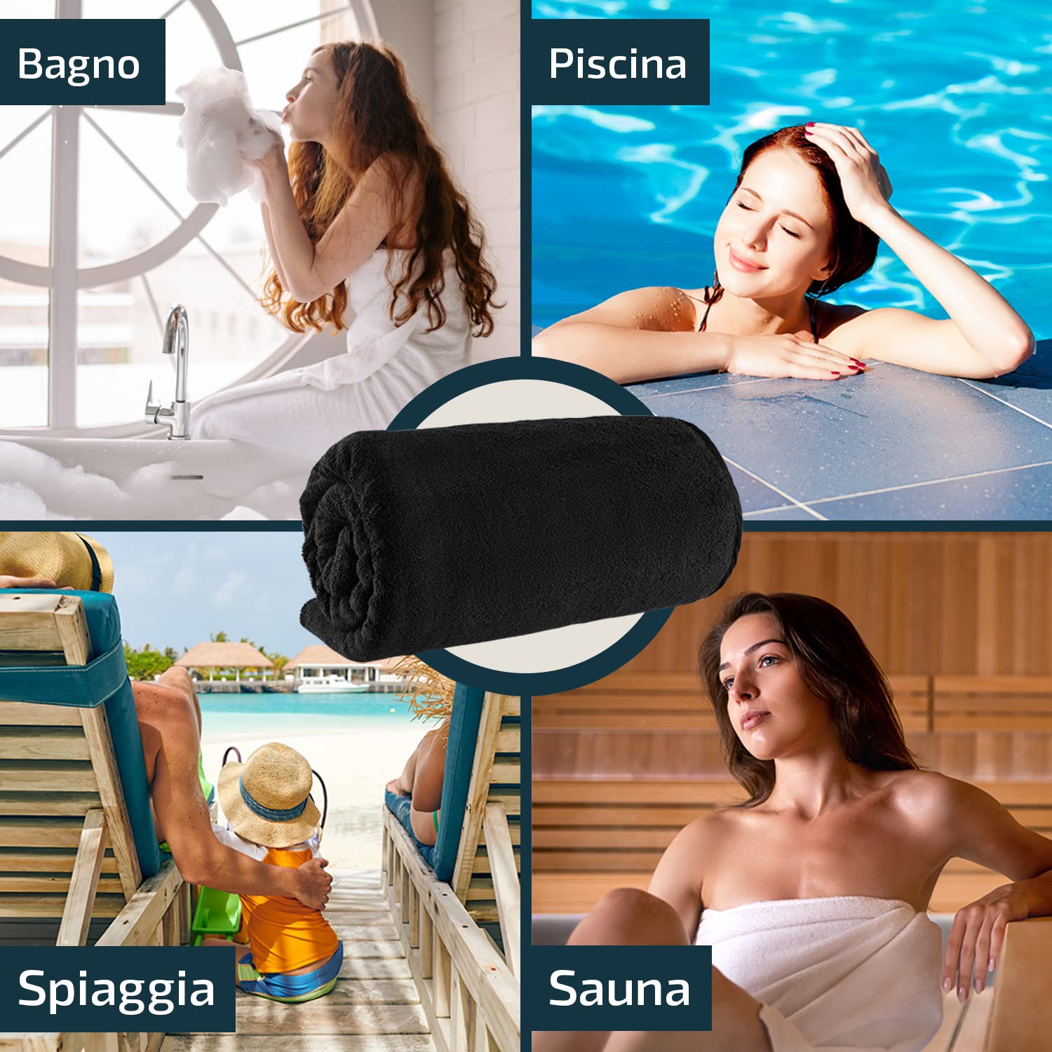 Telo da bagno/sauna XXL, 150 x 220 cm, puro cotone in qualità spugna, per uomini e donne particolarmente alti, Nero