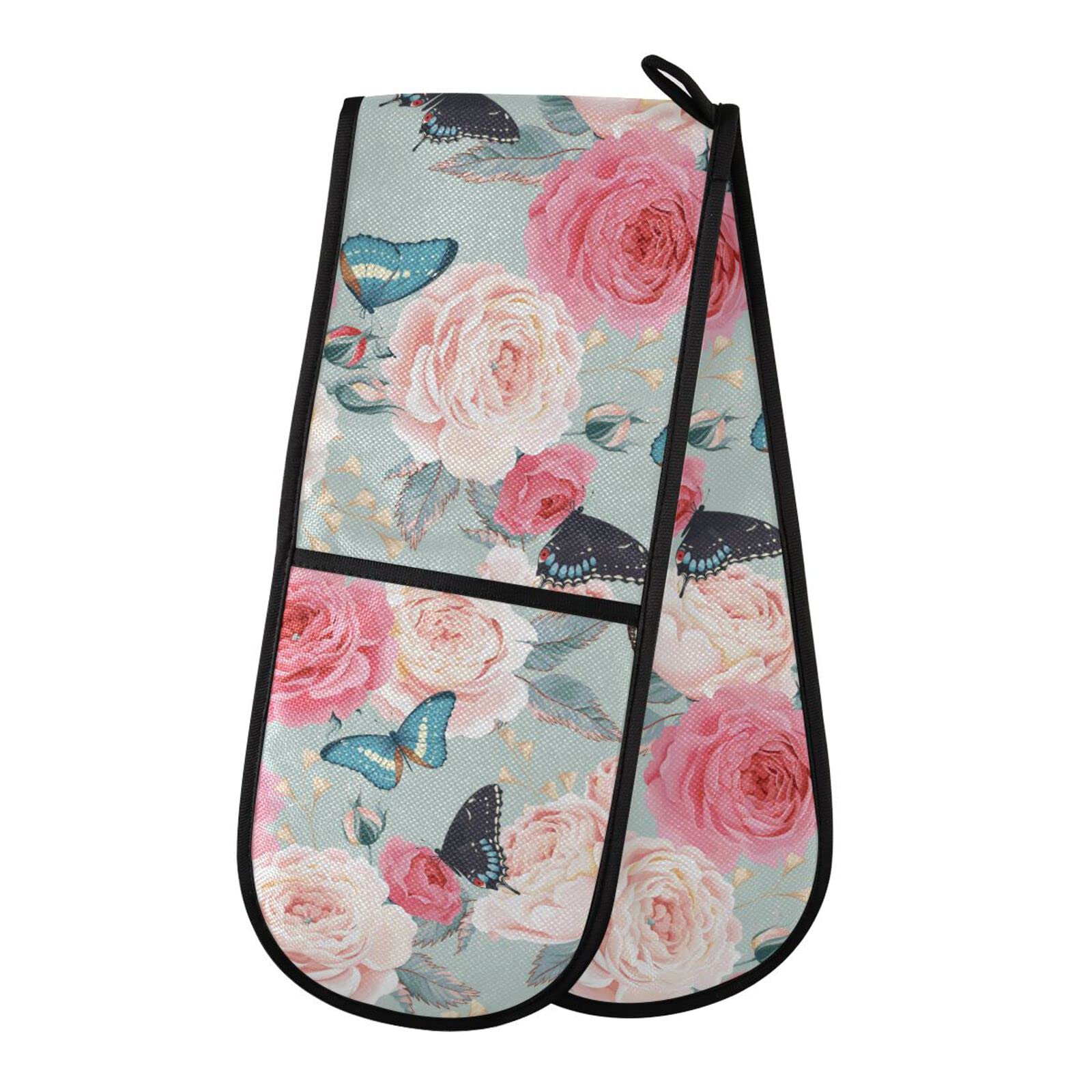 Double Oven Glove Floral Flower Butterfly Heat Resistant Double Ovens Mitt Modern Cooking Gloves Potholders