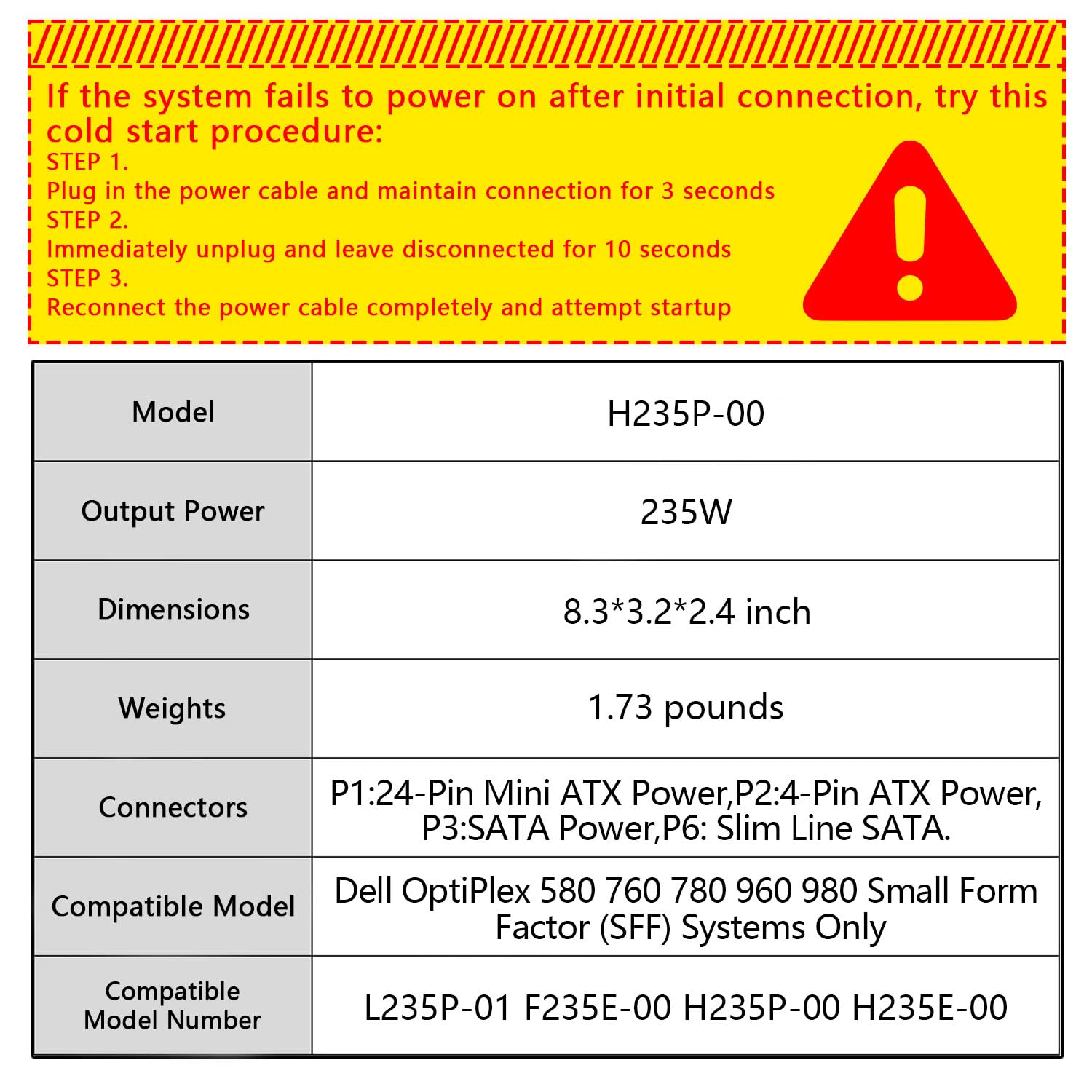 235W Power Supply for DELL Optiplex 580, 760, 780, 960 and 980 Small Form Factor (SFF) Systems R224M, PW116, FR610, RM112, WU136, 67T67, Model Numbers: H235P-00, H235E-00, L235P-01, F235E-00