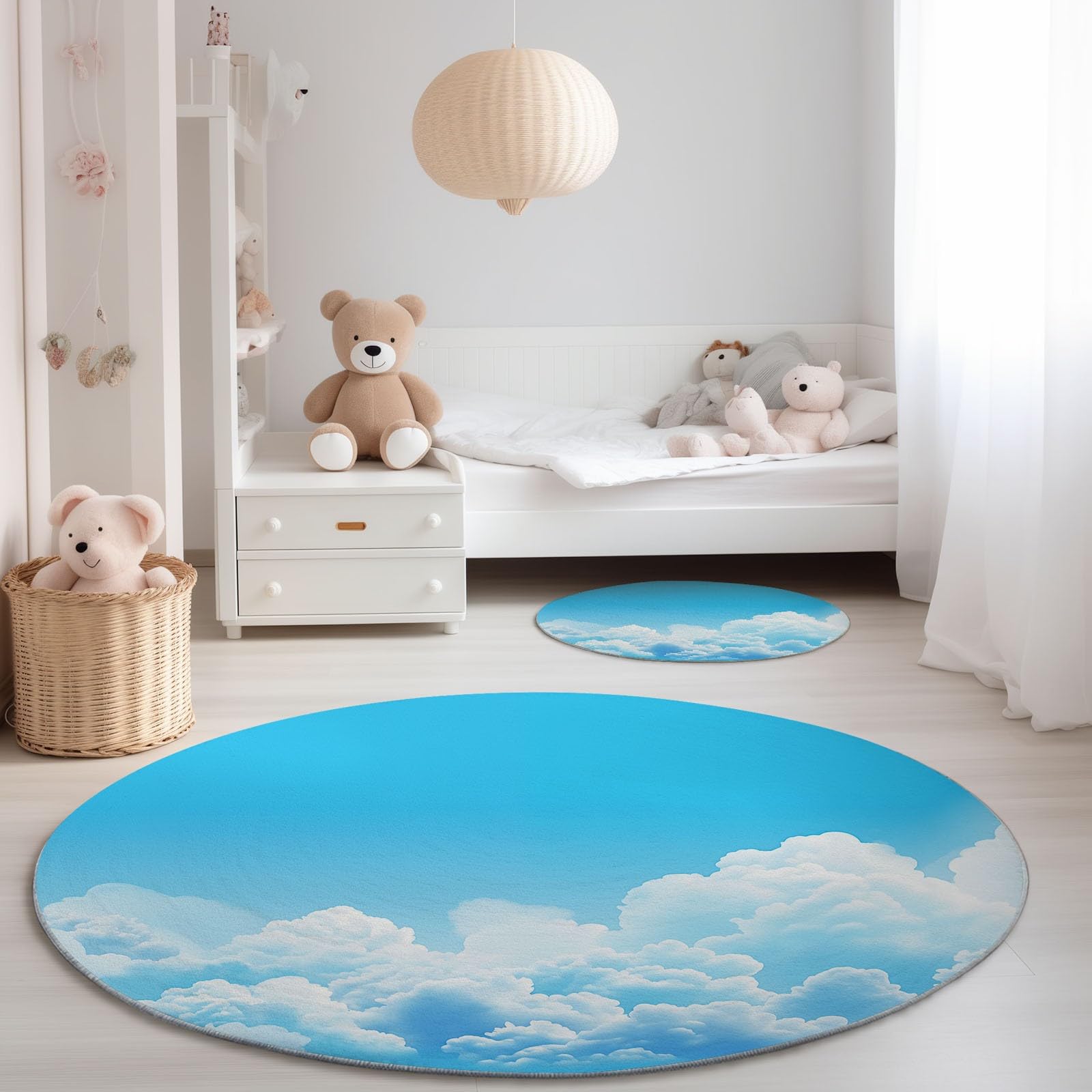 Genérico Alfombra Redonda para habitación Infantil Patrón De Nubes Blancas, Estilo De Cielo Natural Alfombra Antideslizante Suave y esponjosa para Sala de Estar, Dormitorio, Comedor, 150 cm, Azul