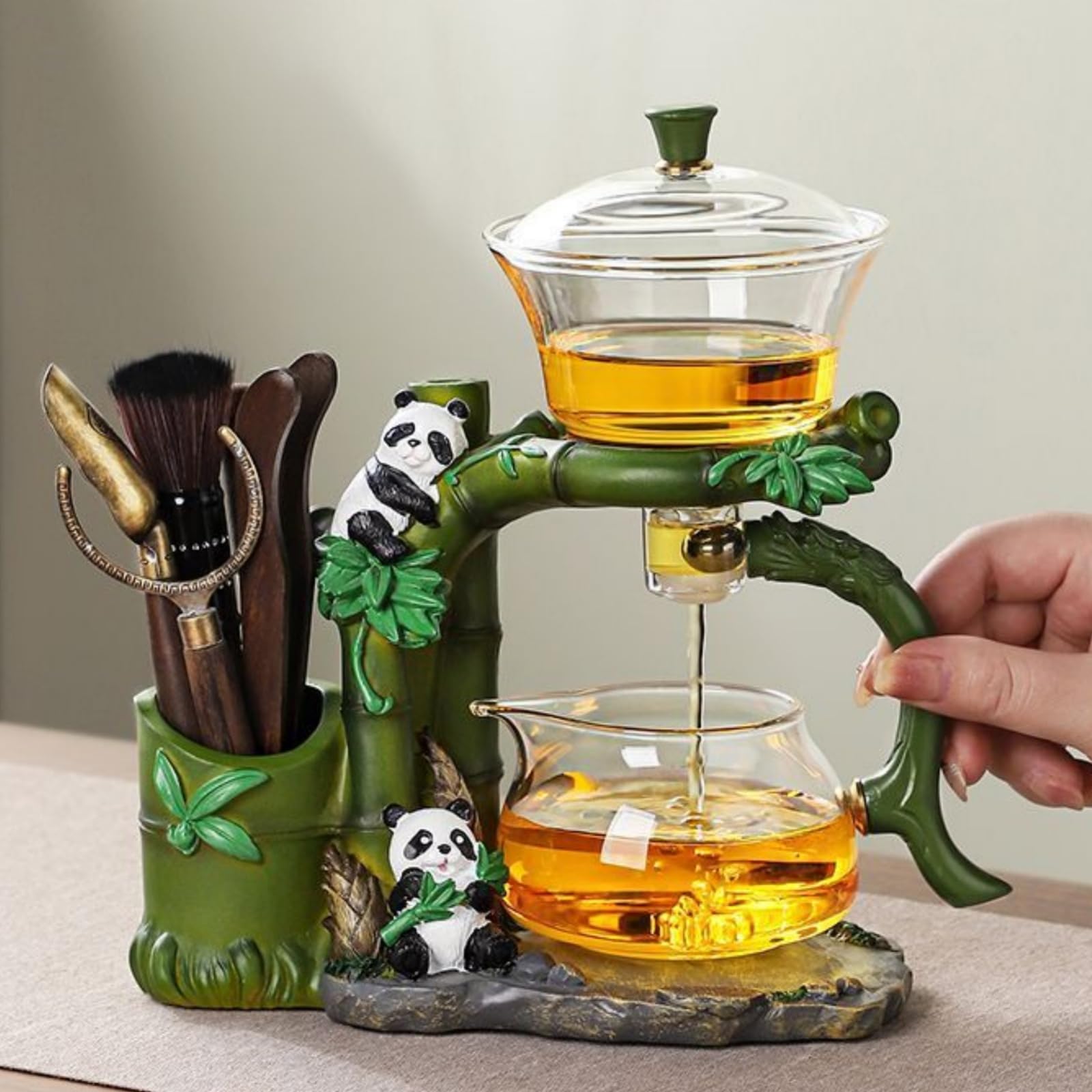 Zaparzacz do herbaty Lazy Kungfu IC, półautomatyczny szklany czajniczek do herbaty Panda, odporny na ciepło zestaw do parzenia herbaty (w tym zestaw Six Gentlemen of Tea)
