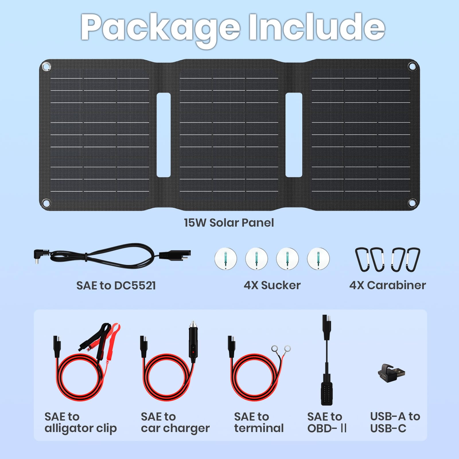Flexsolar Pannello solare da 15 W, 12 V, pannello solare | IP67 impermeabile, con cavo USB DC SAE, per auto, barca, moto, rimorchio, ecc