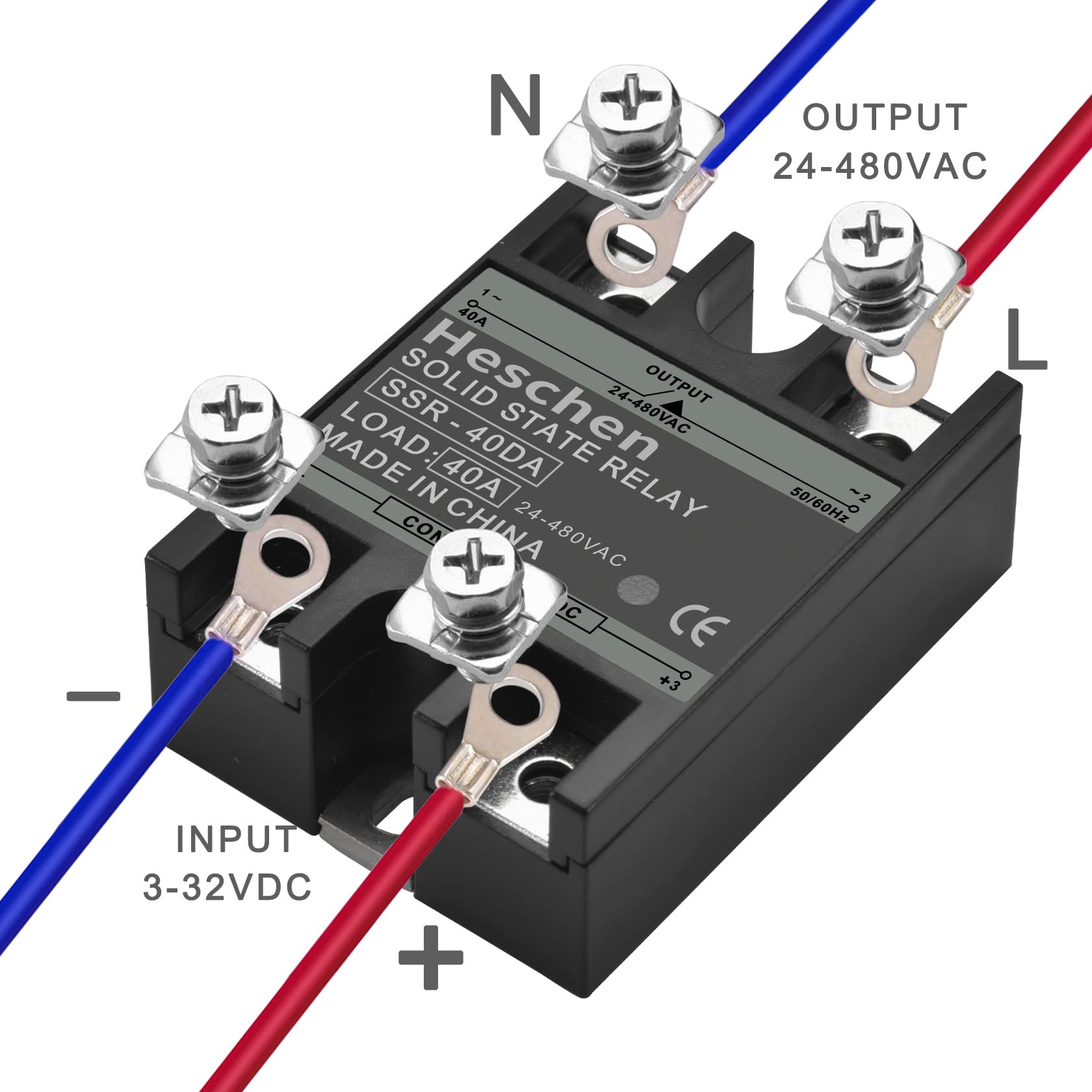 Heschen Relé de estado sólido CC/CA monofásico, SSR-40DA, entrada 4-32VCC, salida 24-480VCA, 40A 50-60Hz (CC/CA 10Pcs)