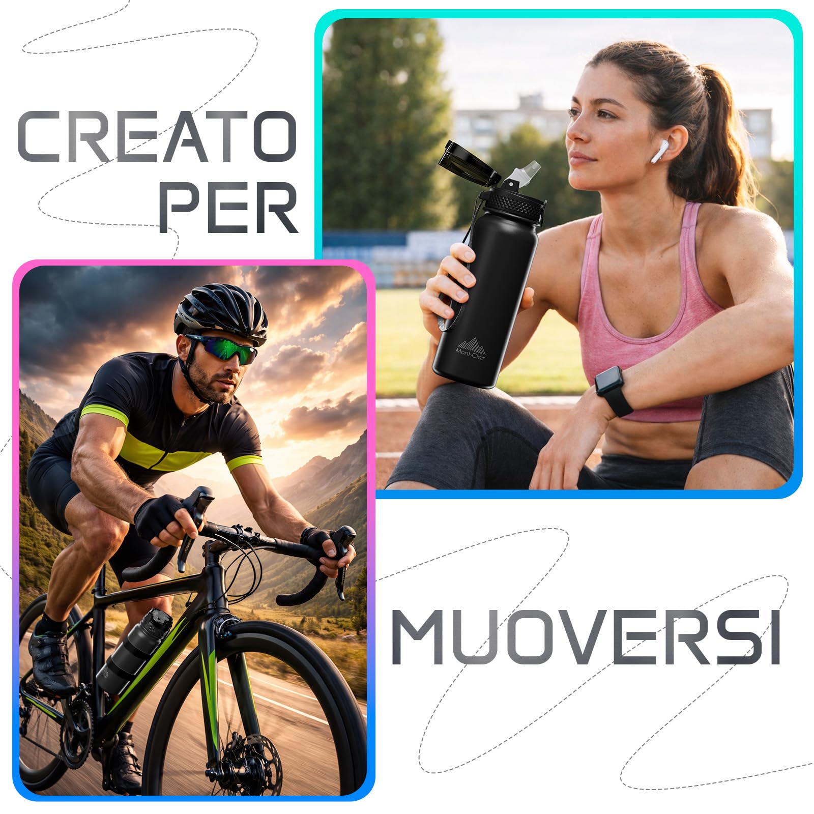 Mont-Clair Borraccia in Acciaio Inossidabile con Cannuccia - 600ml - Borraccia in Metallo senza BPA - Bottiglie d'Acqua per Bici Campeggio Sport - Disegno Brevettato - Nero