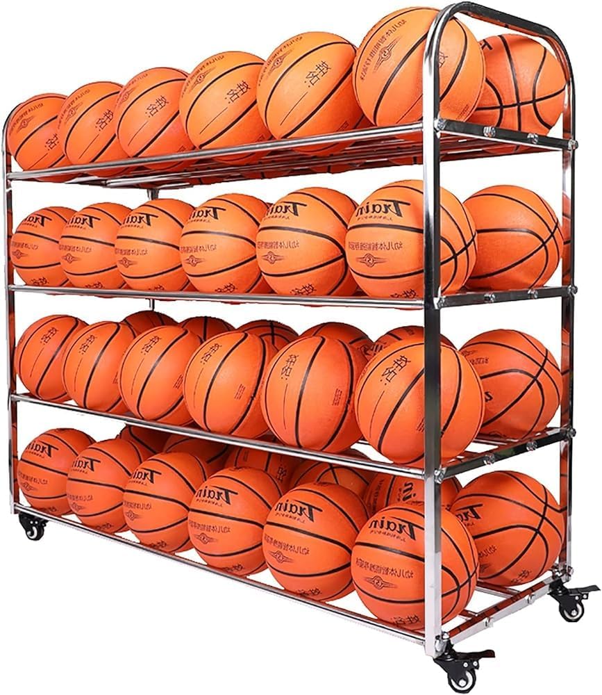 Heavy-Duty Portable Double Wide Basketball Rack on Wheels - Large Capacity Sports Equipment Storage for Balls and Gear, Ideal for Teams and Home Use