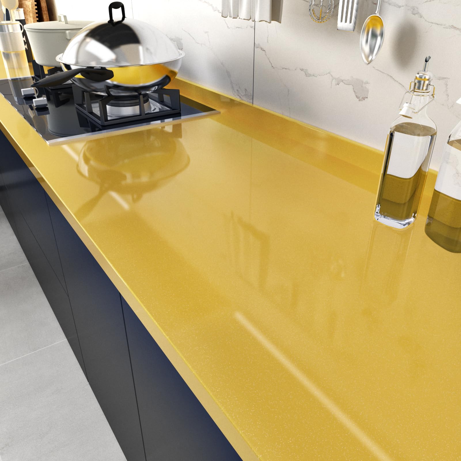 Wallercity Shiny Yellow Contact Paper Glitter Waterproof Peel and Stick Wallpaper for Bathroom Removable Kitchen Wall Paper Glossy Self Adhesive