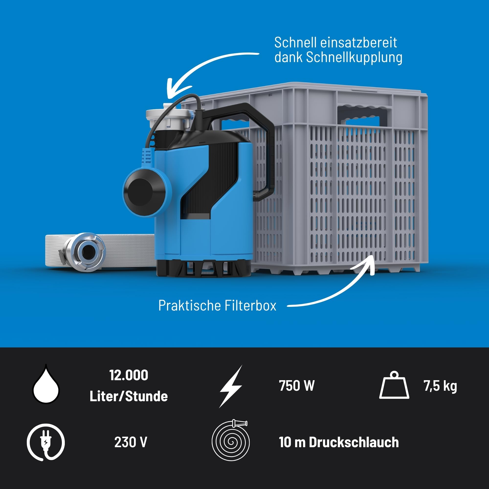 Güde Hochwasser Flut-Set 750-230 Volt, 750 Watt, 12000 Liter pro Stunde maximale Fördermenge, 8 Meter maximale Förderhöhe, 7 Meter maximale Eintauchtiefe, inkl. 10 Meter Druckschlauch, Transportbox