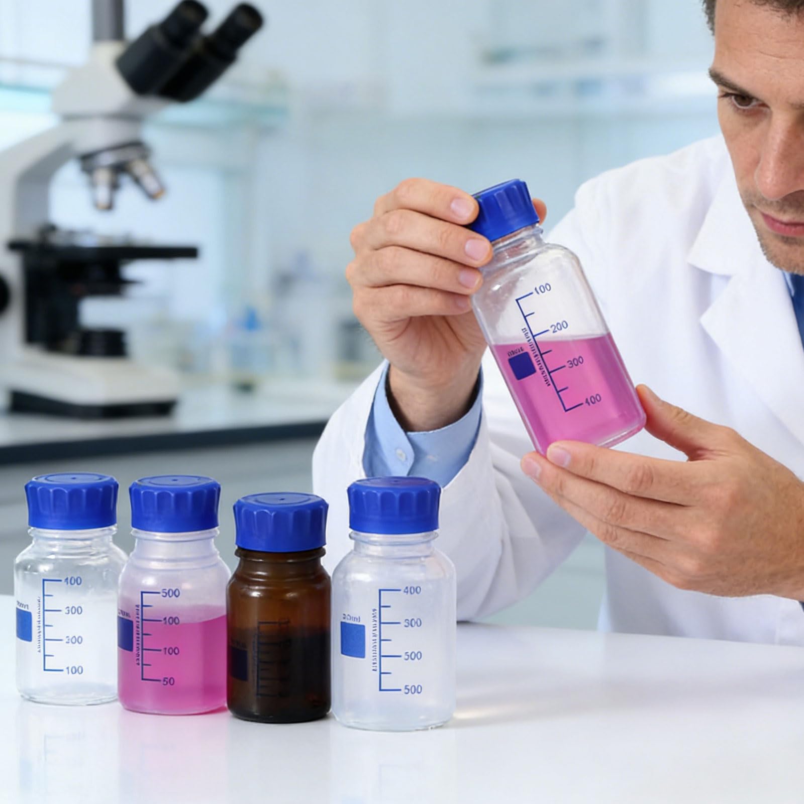 PATIKIL 1000ml Bottiglie Da Laboratorio In PP Rinforzato Con Gradazione, 2 Pezzi Bottiglie Di Plastica Con Tappo A Vite Blu Per Liquidi Reagenti Acqua Da Laboratorio, Trasparente (Rotonda)