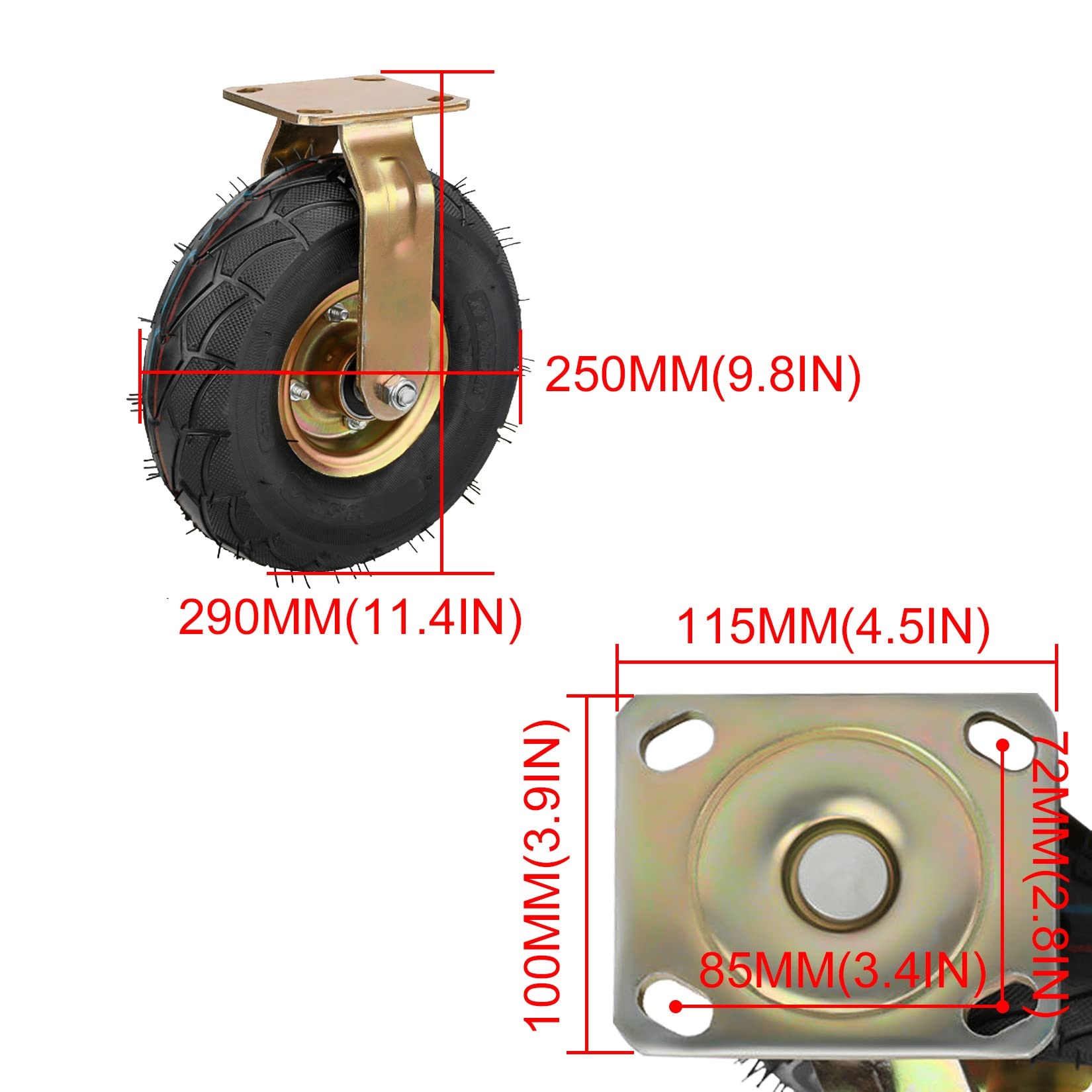 Lot de 2 roues pivotantes industrielles de 20,3 cm et 25,4 cm avec freins latéraux, roue pivotante pneumatique fixe, double roulement à billes, mouvement silencieux