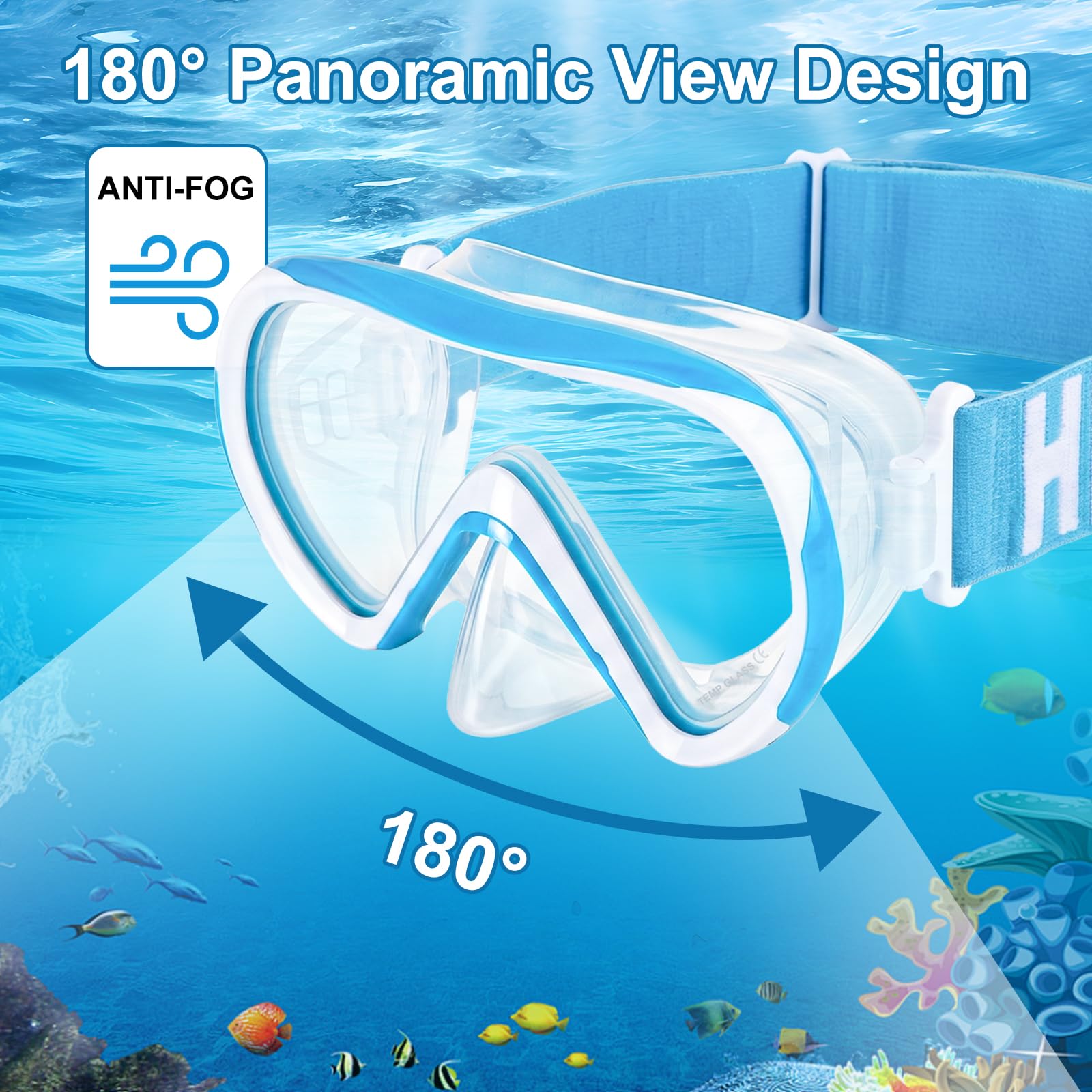 Dziecięce okulary do nurkowania z paskiem z materiału, maska zapobiegająca wyciekaniu i elastycznym paskiem z materiału, panoramiczna maska HD 180°, ochrona przed zaparowaniem, maska do