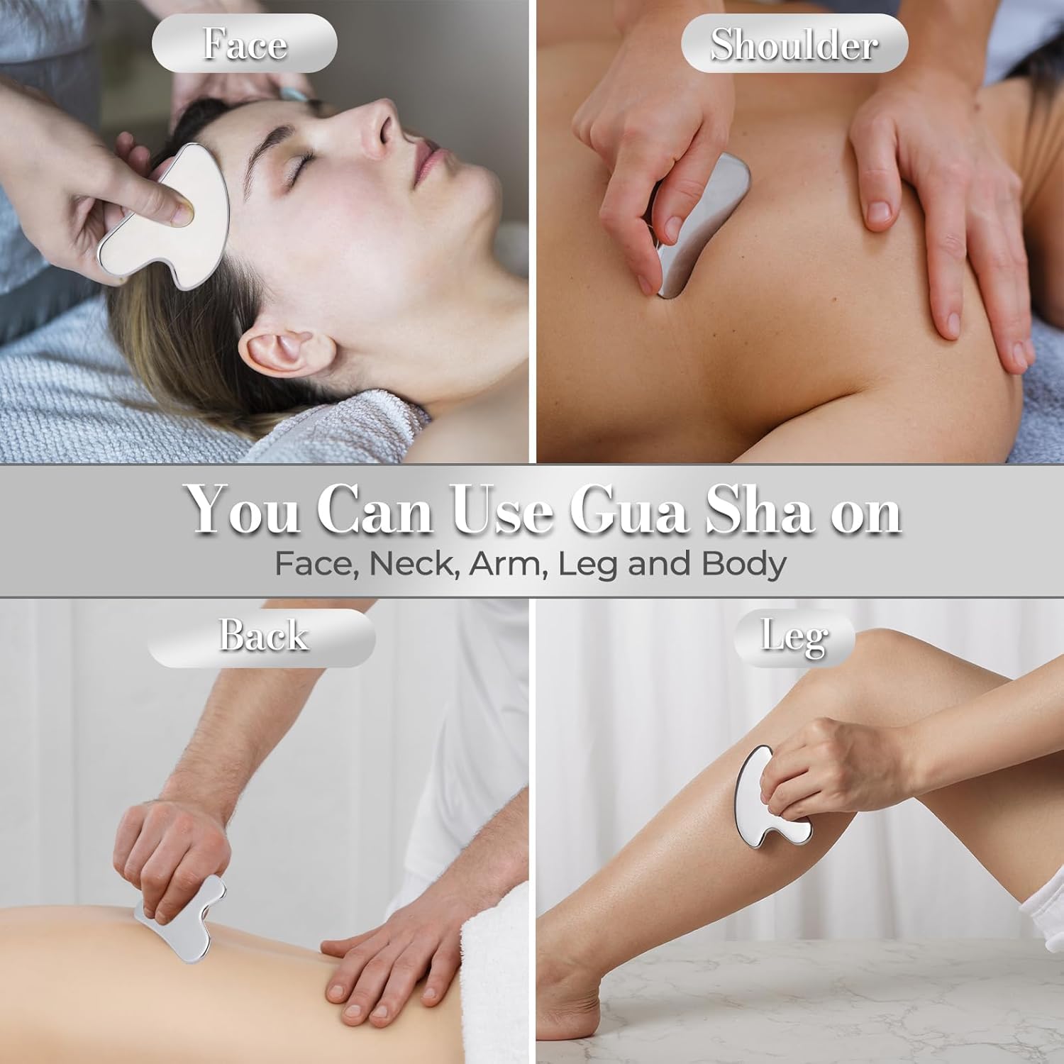 Gua Sha ze stali nierdzewnej, kamień Gua Sha, narzędzie do twarzy, kamień Guasha do ujędrniania linii szczęki i zmniejszenia obrzęków twarzy, prezent do pielęgnacji skóry, srebrny