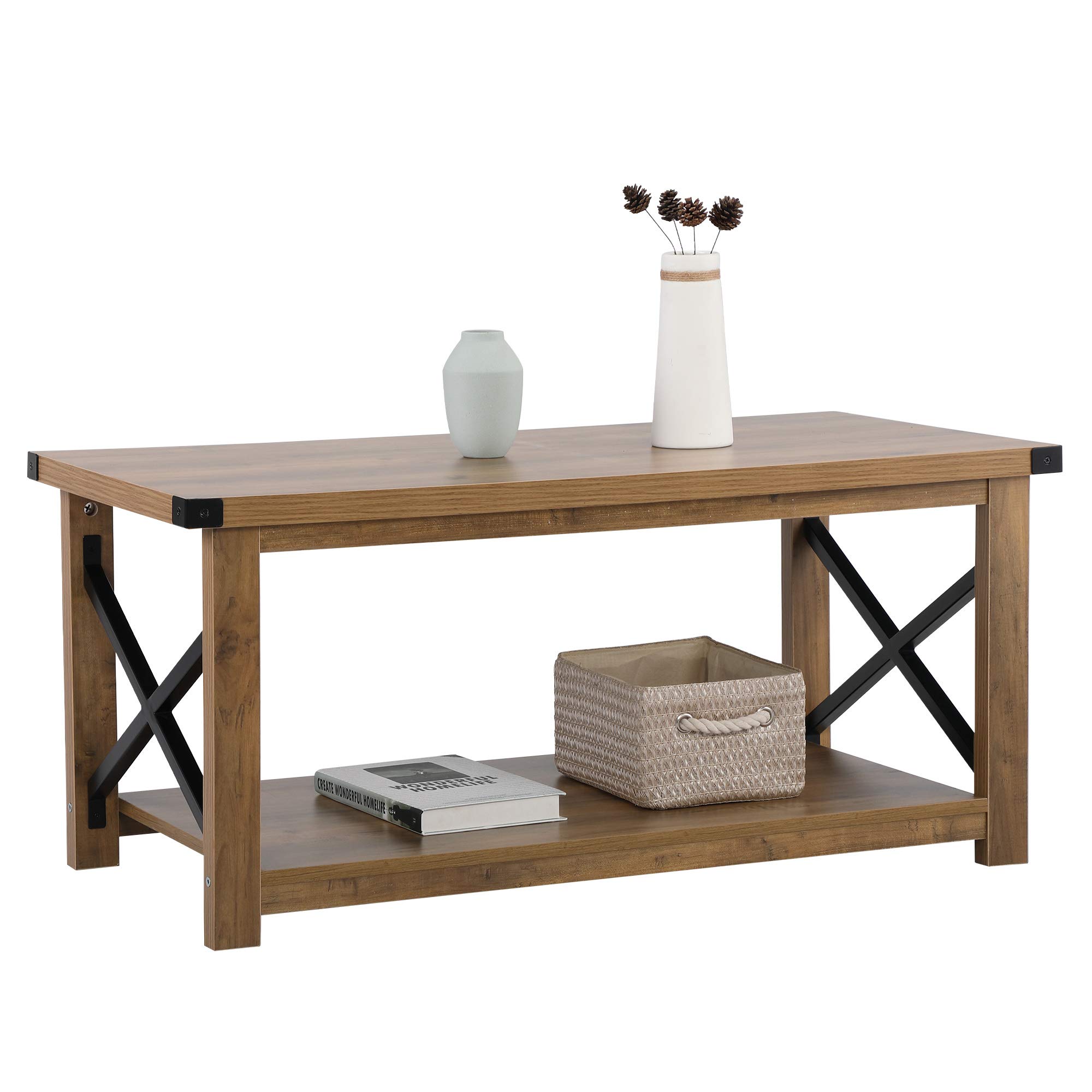 Buy JAXSUNNY Modern Farmhouse Coffee Table with Storage Shelf, Rustic