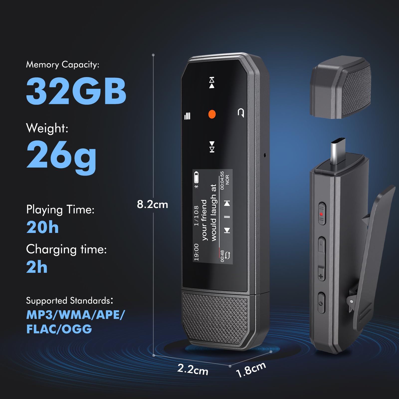 Przenośny odtwarzacz MP3 32 GB z Bluetooth 5.3, nagrywanie jednym kliknięciem, USB typu C i USB, klips, radio FM, połączenie z telefonem komórkowym, niezależny przycisk głośności