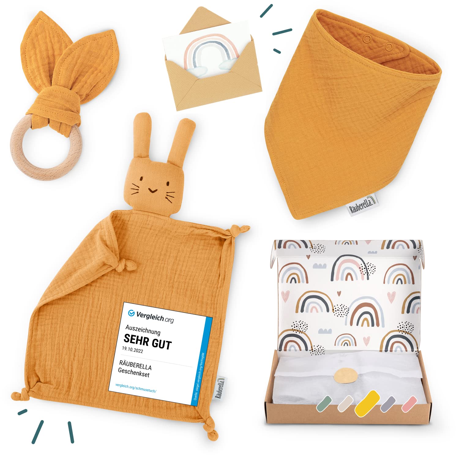 Räuberella® Baby Geschenk Junge & Mädchen enthält Geschenkkarte, Schmusetuch, Beißring und Lätzchen Geburt