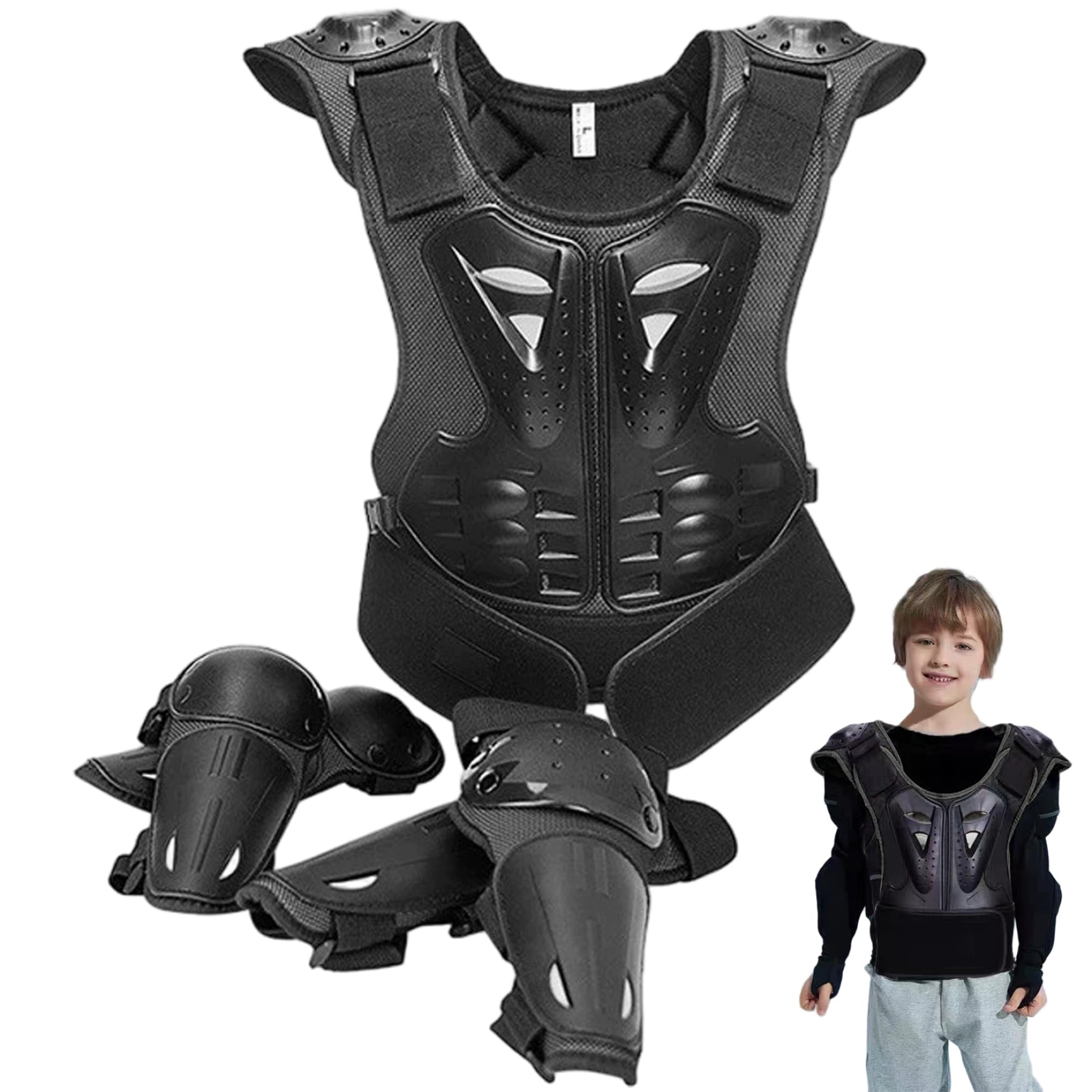 Set di 5 tute da per bambini, traspiranti, da motocross, con protezione per il torace, ginocchiere e gomitiere per bambini 8-12 anni, equitazione, sci, pattinaggio, protezione per il torace, m