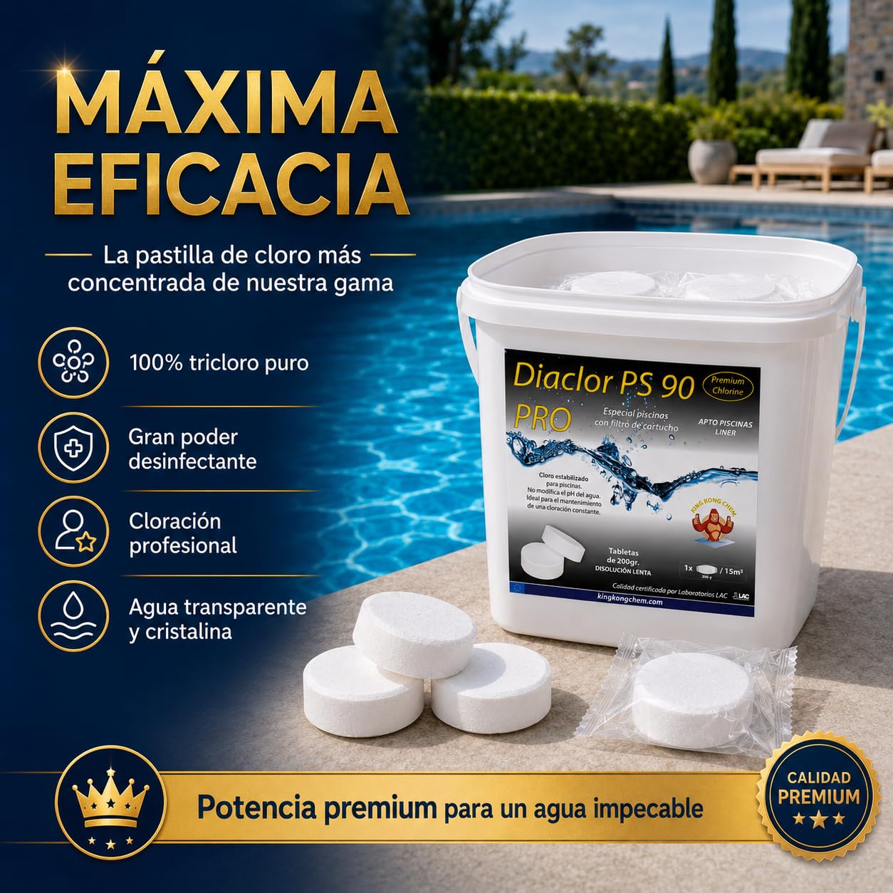 Pastillas de tricloro Puro para Piscinas de Liner/Poliester - DIACLOR PS 90 Pro 5 KG - Envasado Individual - 25 Pastillas Grandes de Cloro Lento (200 gr- 7,5 cm Diámetro)