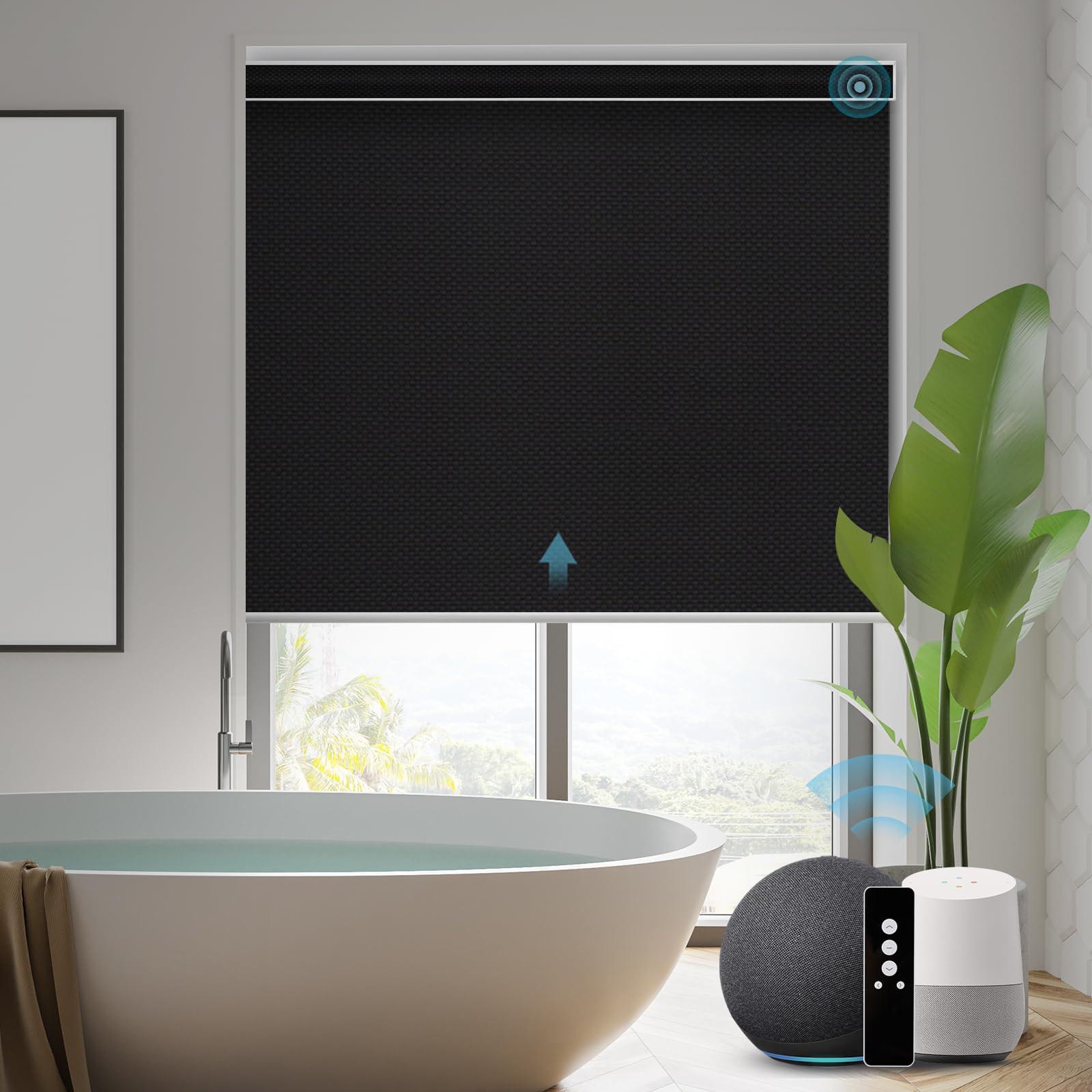 SmartWings Motorized Blinds Compatible with Alexa and Google, Automatic Z-Wave/Zigbee Smart Shades with Remote, 100% Blackout Electric Solar Roller Shade, Customized Size, Vinyl Black