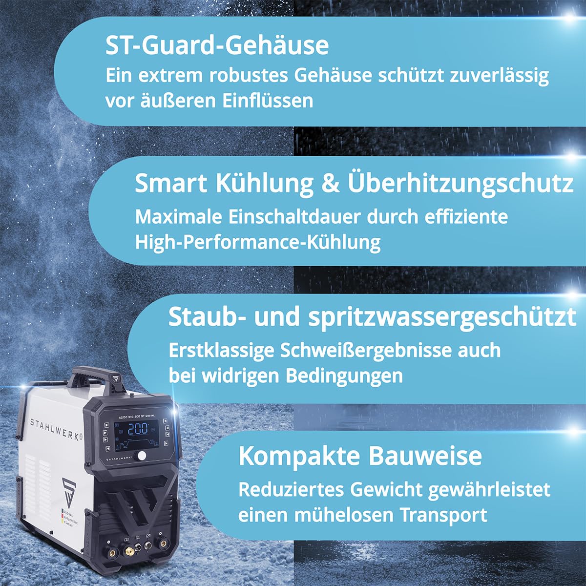 STAHLWERK Schutzgasschweißgerät 3-in-1 Kombi AC/DC WIG 200 ST Digital – WIG & MMA (E-Hand/ARC) bis 200 A, Clean-Modus zur elektrochemischen Reinigung von Edelstahlschweißnähten, HF-Zündung, Spot