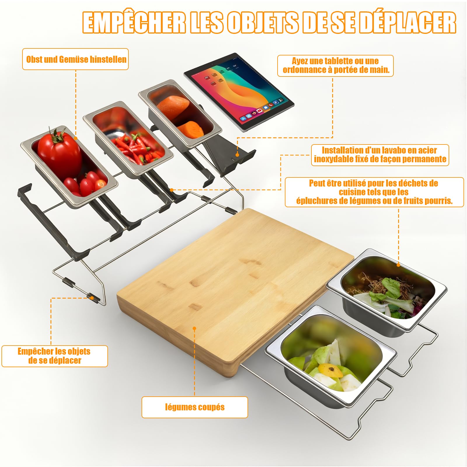 Tabla de cortar con bandeja colectora de madera de bambú orgánico, tabla de cortar extra grande y extensible, incluye 5 cajas de almacenamiento de alimentos de acero inoxidable y 1 soporte para