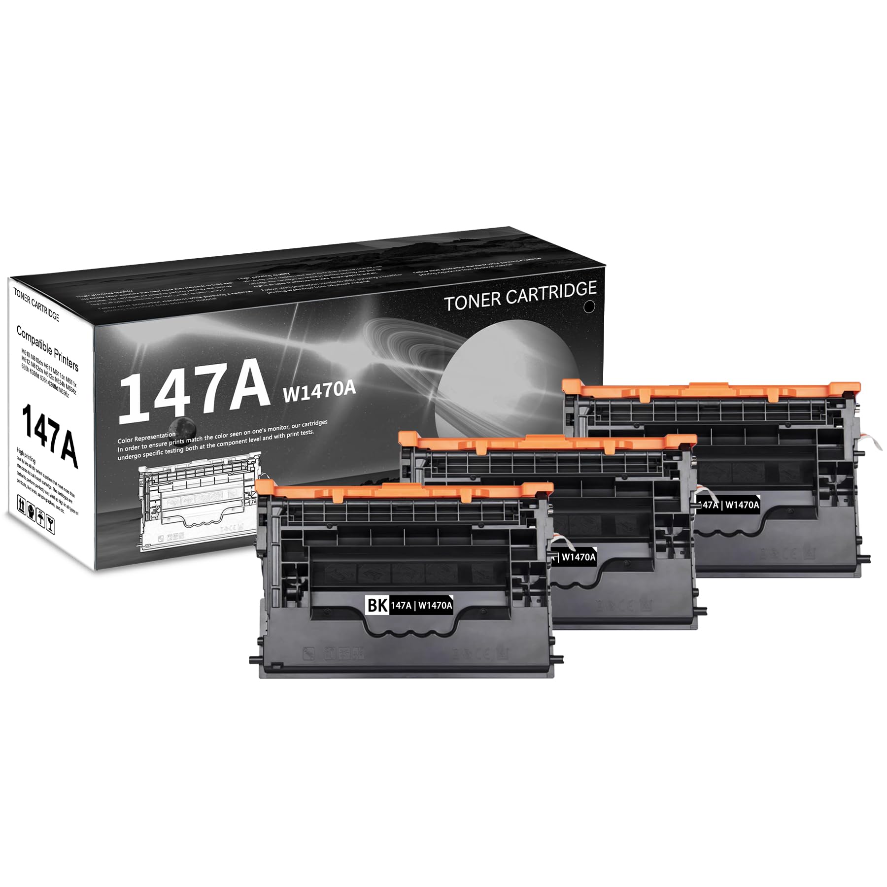 3 PK 147A | W1470A Black Toner Cartridge 12,000 Pages High-Yield Compatible, 147A | W1470A, Replacement for HP M610 M610dn M611 M611dn M611x M612