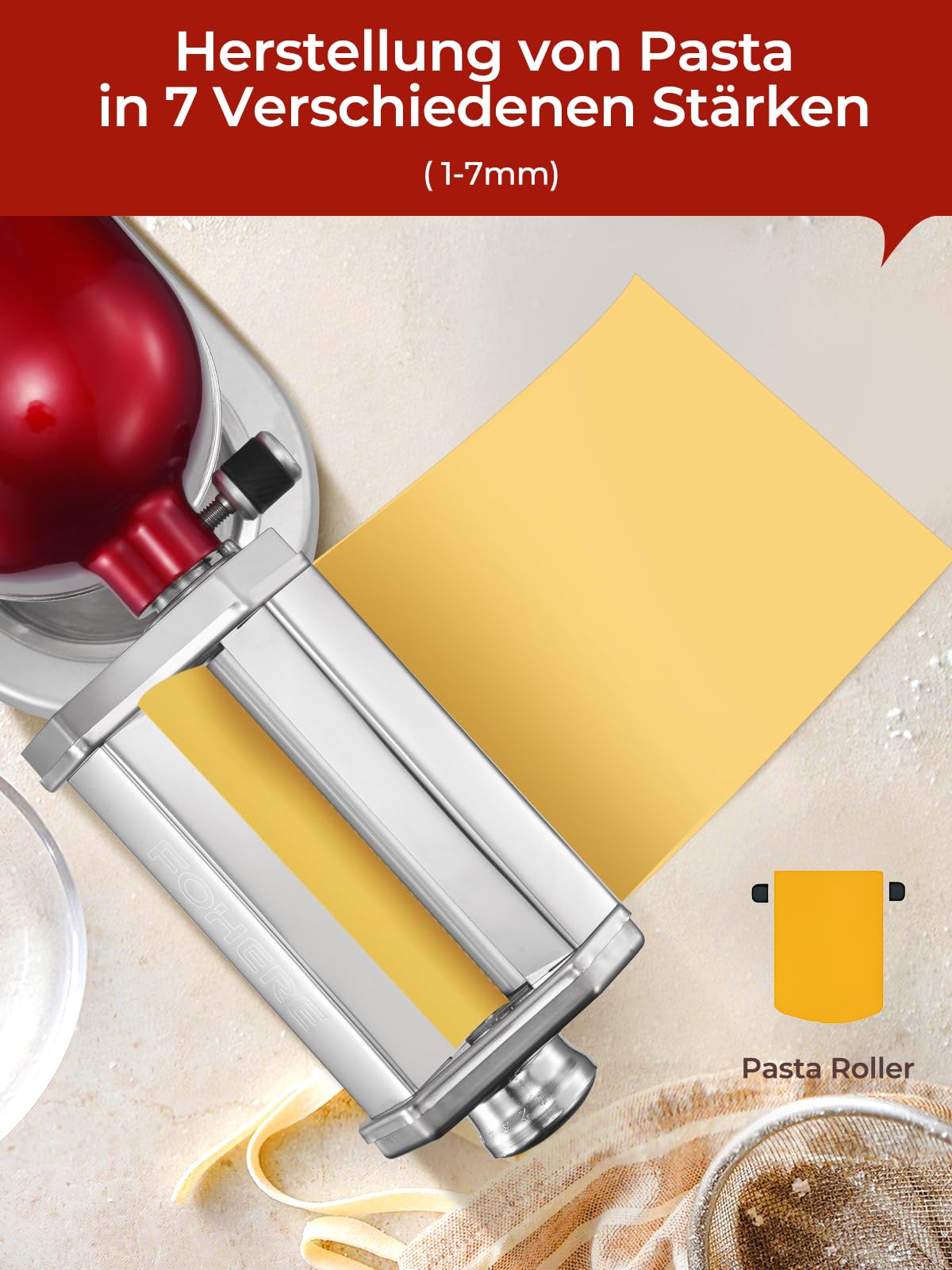 FOHERE Nudelaufsatz Nudelblattroller für KitchenAid Küchenmaschine, Pasta Maker Zubehör Mit Nudelblattroller und Reinigungsbürste (7 Einstellbare Dicken)