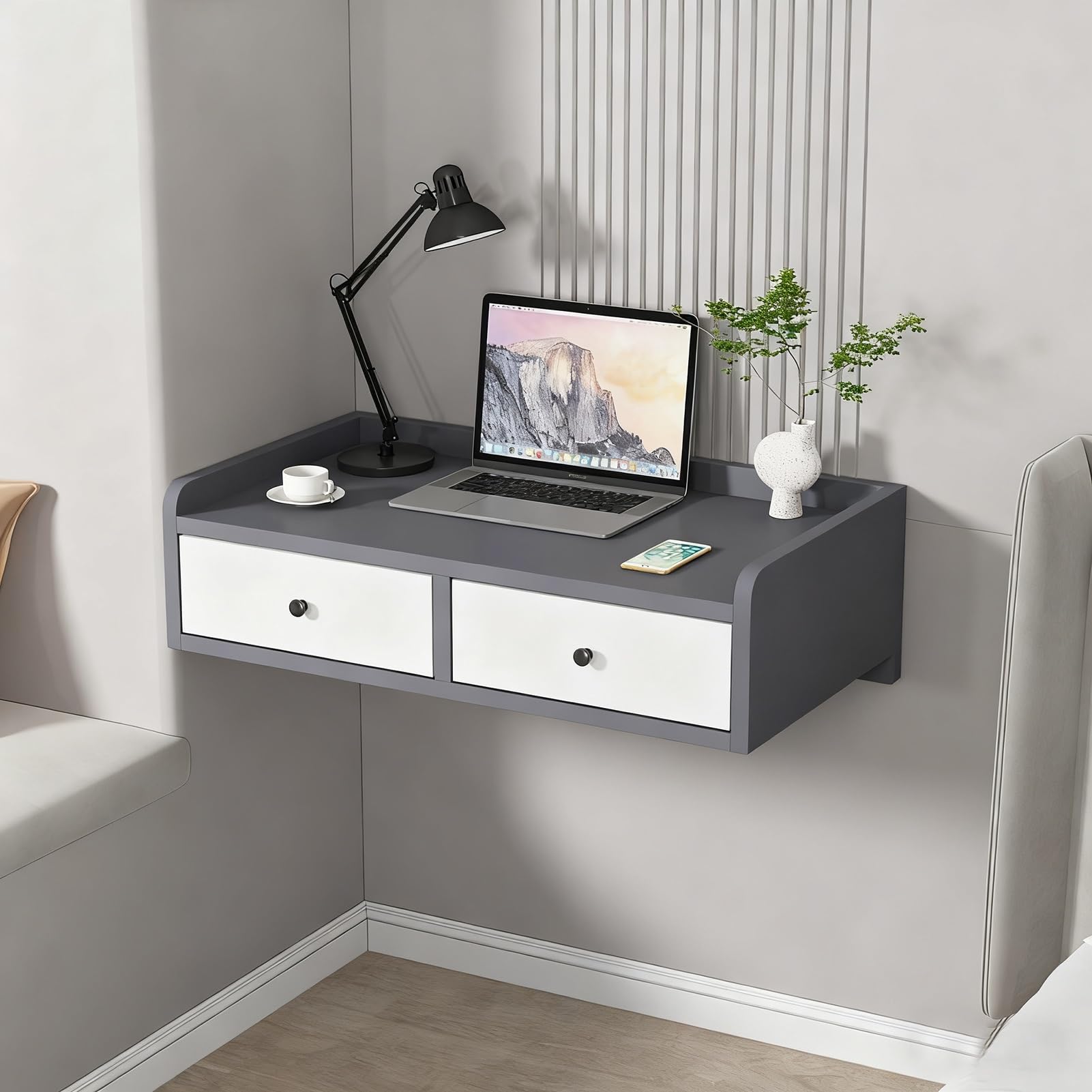Mesa de maquillaje flotante que ahorra espacio tocador de pared para dormitorio pequeño