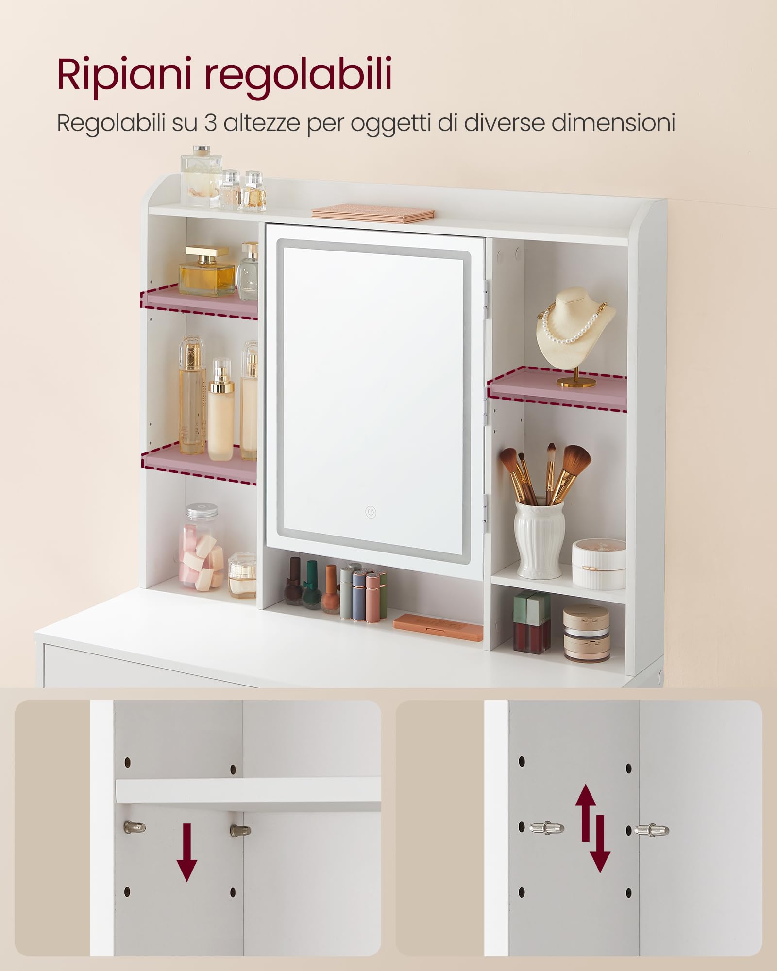 VASAGLE KAILYN Collezione - Toeletta con Luci LED 3 Colori con Luminosità Regolabile, Tavolo da Trucco con Specchio, Ripiani Regolabili, 2 Cassetti, Postazione Trucco, Bianco RDT123WB01