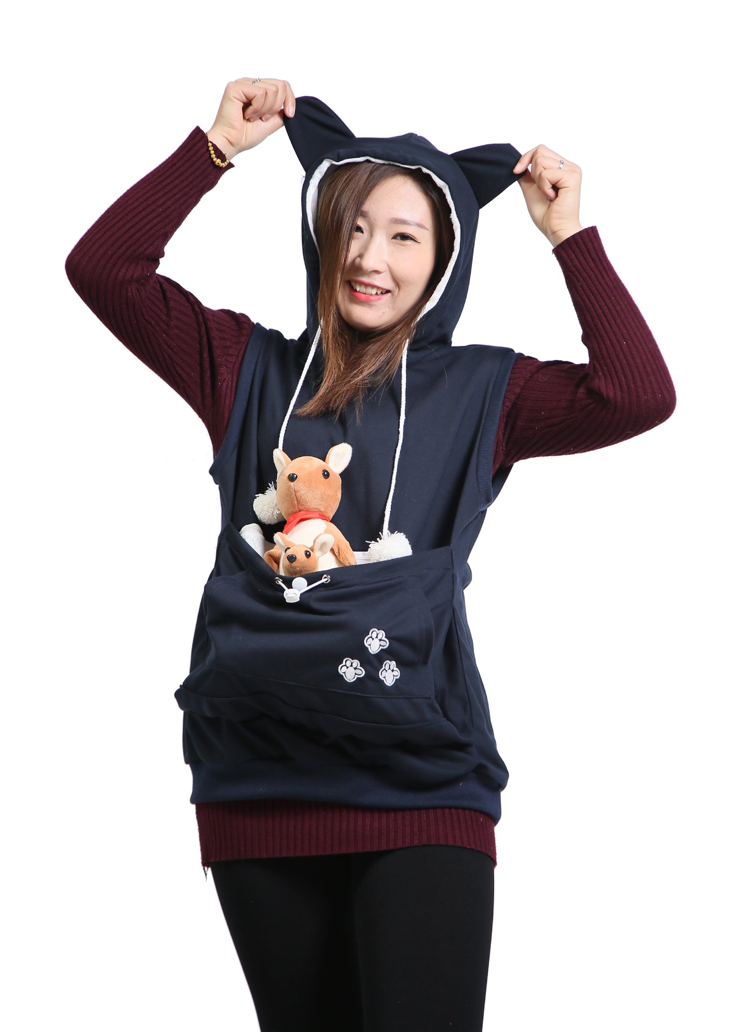 Sleeveless Hoodie Pet Holder Cat Dog Kangaroo Pouch Carriers Pullover Navy XXXL