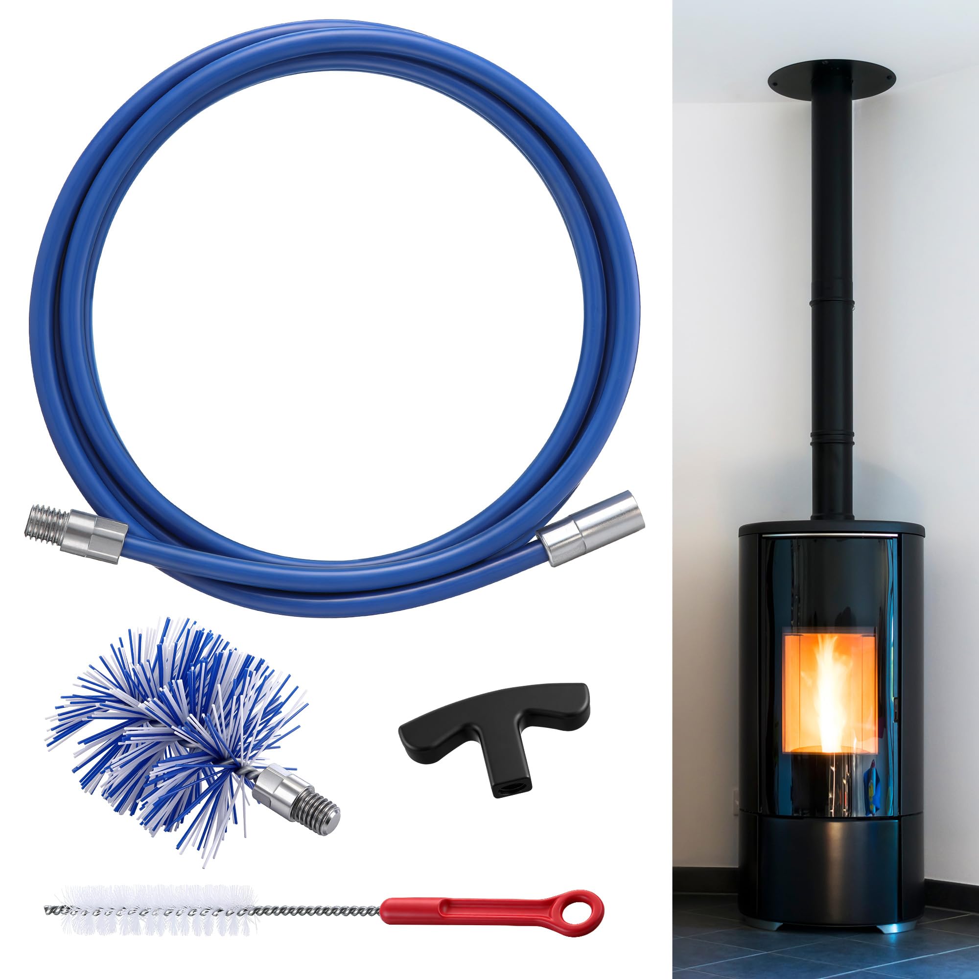 Pellet Stove Cleaning Brush Kit, Flexible Rod, 10ft/3" Brush Head, Blue