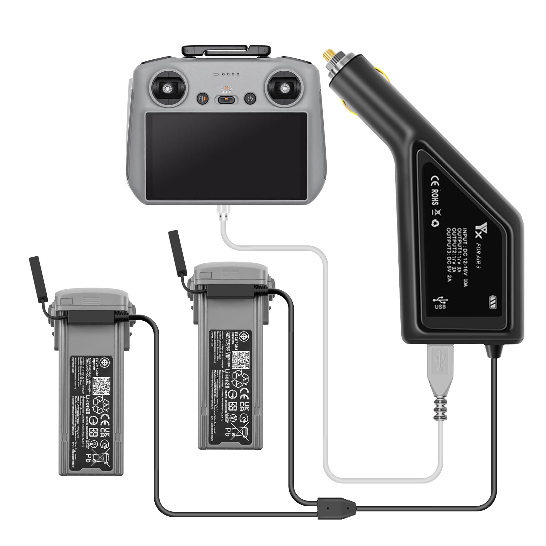 LYONGTECH Car Battery Charger for DJI Air 3S,Air 3 Drone,Charge 2 Batteries,12v Fast Charging Hub Accessories