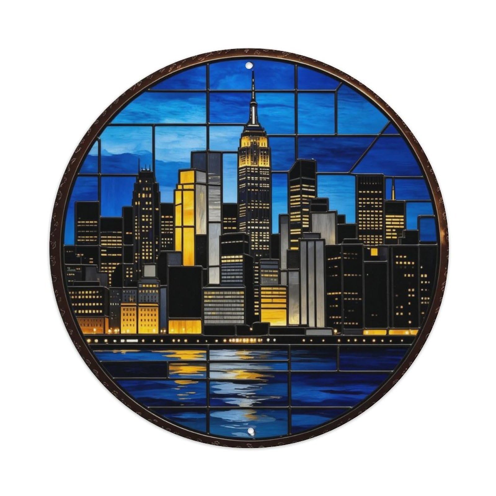 New York City Skyline Night Stained Glass Metal Tin Sign Plaque
