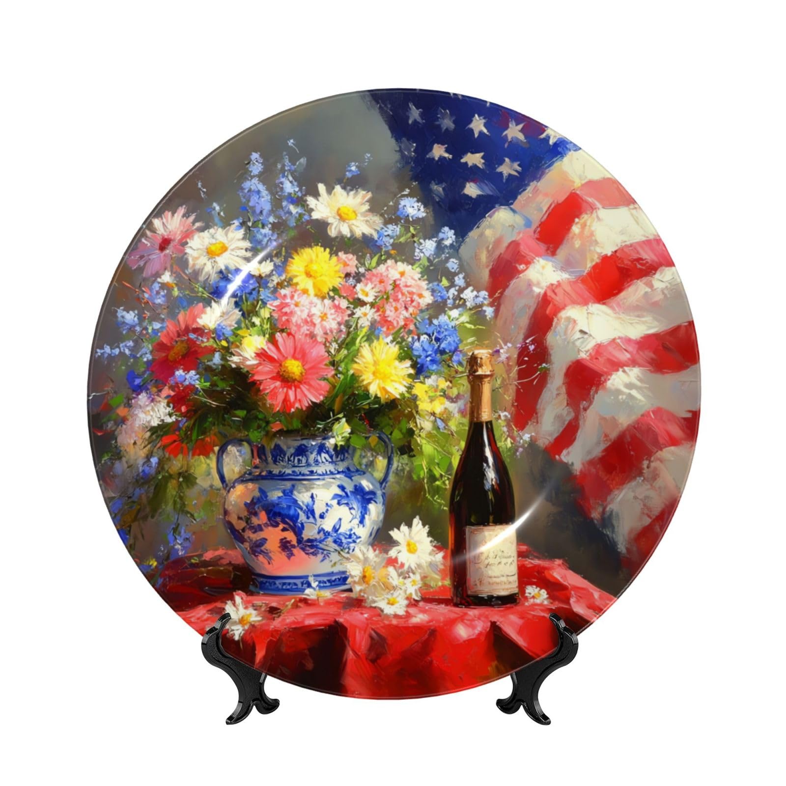 YZILDP American Flag Flower Bottles Ceramic Plate with Stand,6 in,4th of July Farmhouse Decorative Plates for Wall Hanging Ceramic Craft for Kitchen Cabinets Dining Room Office Home Decor,Round