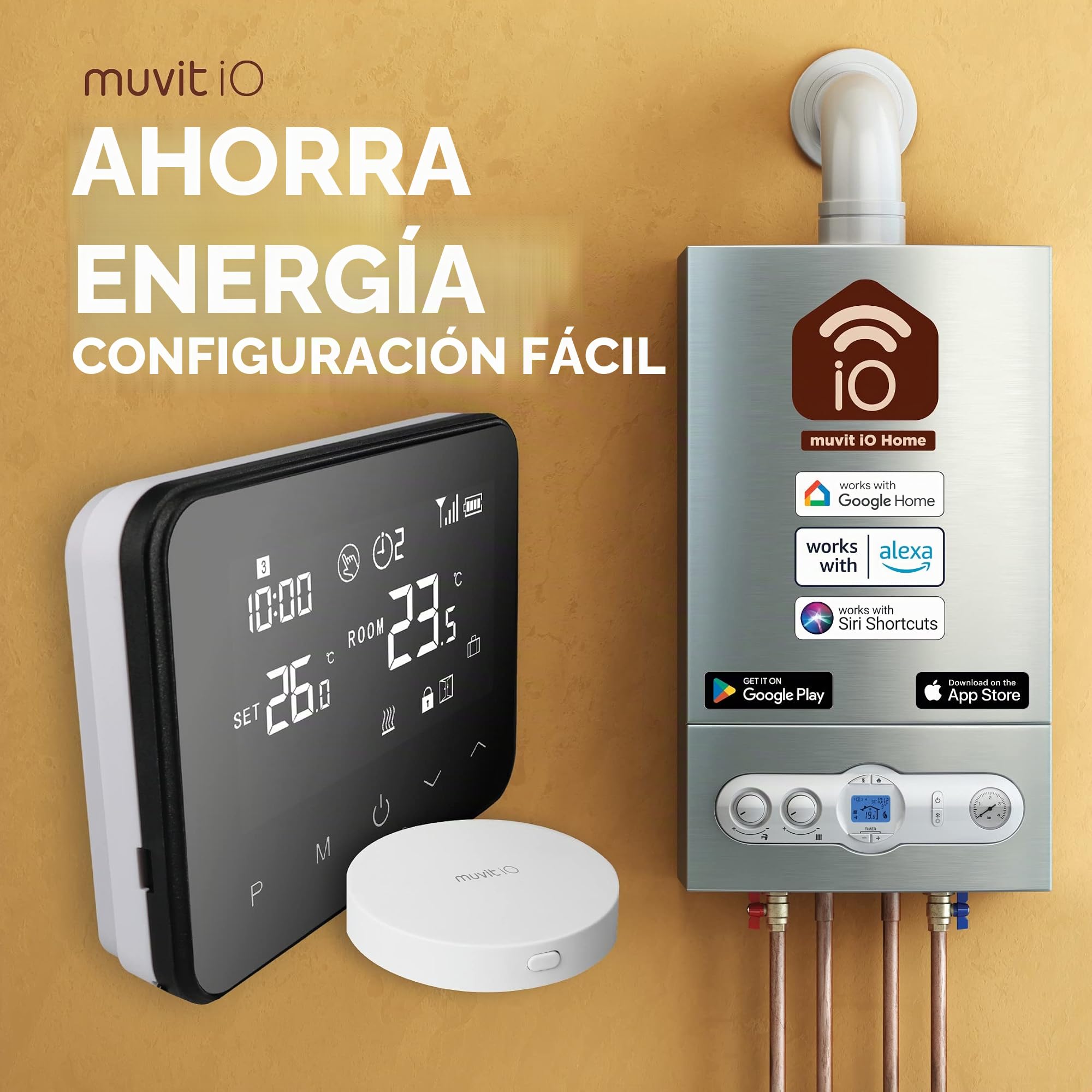 Muvit Termostato de 2 Hilos Wi-Fi Inteligente para Caldera y Calefacción, con Adaptador, Medidor Consumo, Control táctil, Detección Ventanas Abiertas, Control App y Voz, Alexa/Google/Siri
