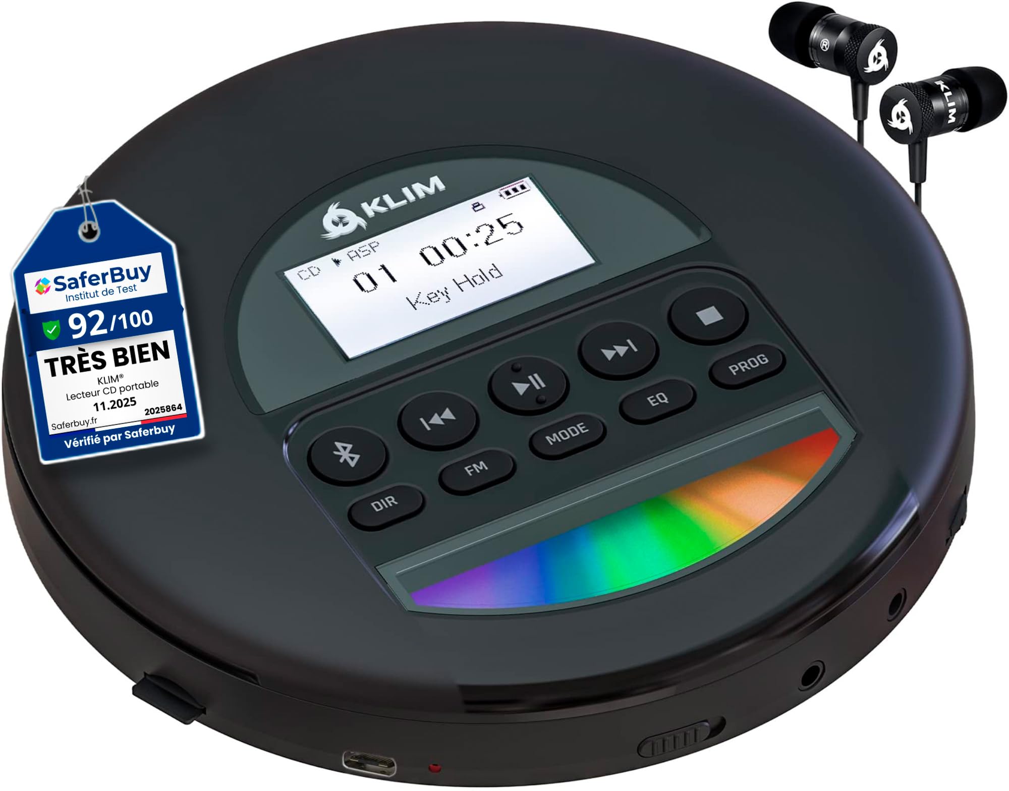 KLIM Nomad Lecteur CD Portable - Batterie Intégrée Longue Durée - avec Écouteurs - Compatible CD-R, CD-RW, MP3 - Bluetooth Baladeur Lecteur CD pour Voiture, Maison, Extérieur - Nouveauté - Argent