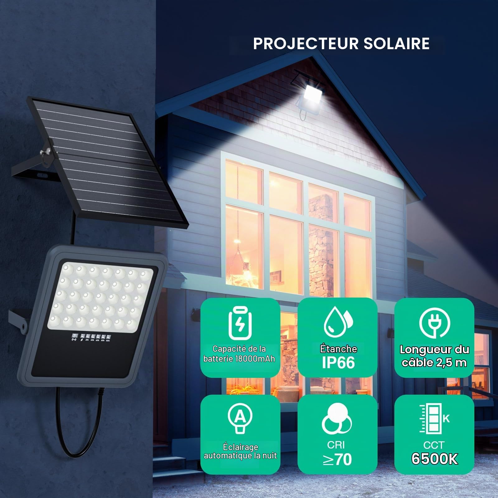 Lampe Solaire Exterieur, Batterie de grande capacité de 18,000 mAh, Lumiere Solaire Exterieur 6500K, plus de 2000lm, étanche IP66, Pour jardins et terrasses avec Télécommande, câble de 2,5 m
