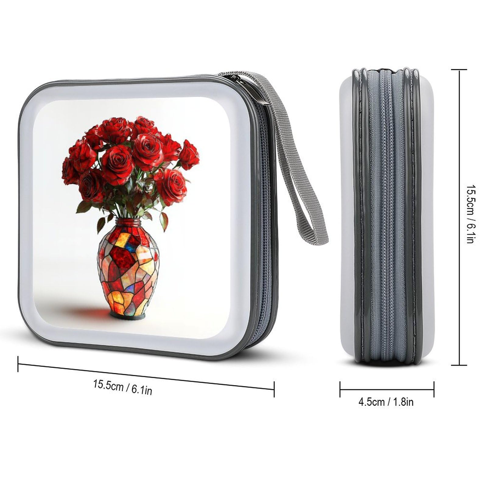 Stained Glass Red Roses Bouquet in Vase CD Case DVD Storage Case Portable