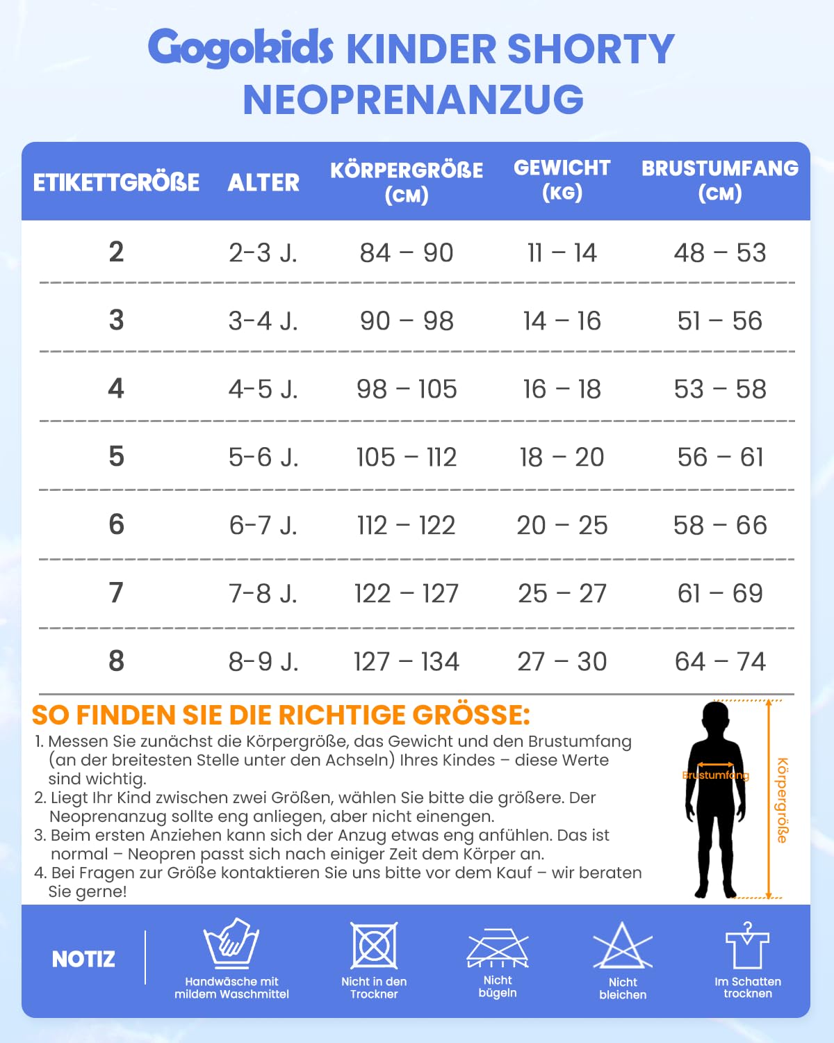 Gogokids Kinder Neoprenanzug Shorty 2,5mm Wetsuit für Jungen & Mädchen | UV-Schutz 50+ Einteiler mit Rückenreißverschluss, Kurzarm Schwimmanzug für Schwimmen, Schnorcheln & Surfen, Alter 2-8 Jahre