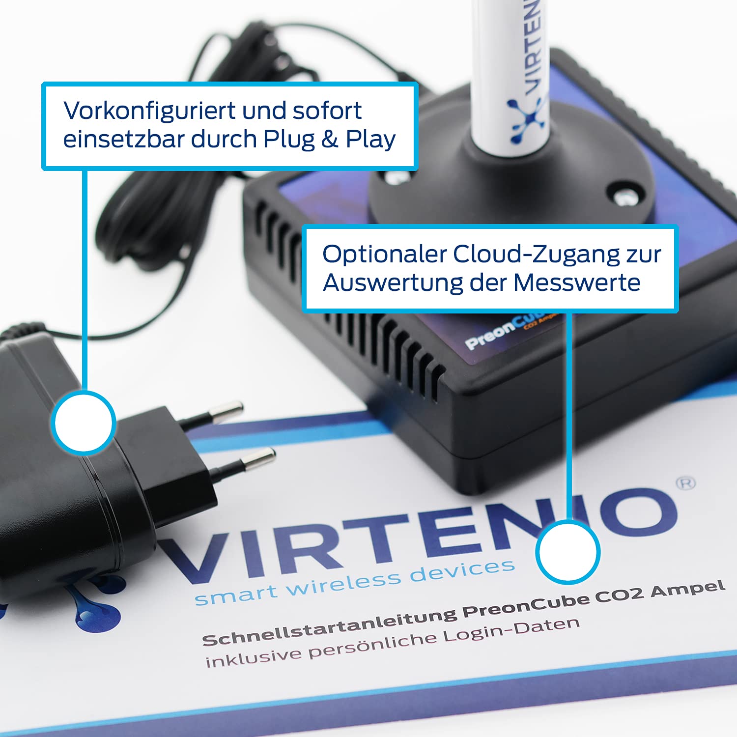 PreonCube CO2 Ampel CO2 Messgerät für bessere Raumluft | 360° Ampel, Sensoren für CO2, Temperatur, Luftfeuchtigkeit, aktivierbarer Warnton, WLAN, Made in Germany