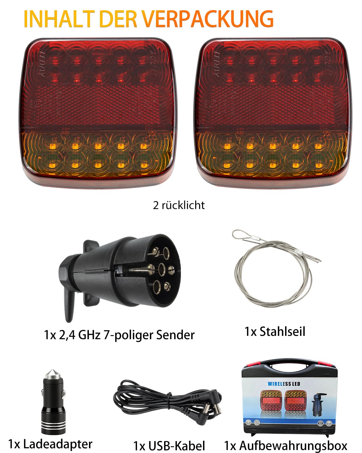 Anhänger Rückleuchten magnetisch drahtlos, Anhänger Rückleuchten mit Fahr-/Blink-/Bremslicht, starke Durchdringung bei Regen, 7-Pin 12V-24V, für Anhänger, PKW, LKW, Lastwagen, Wohnmobile