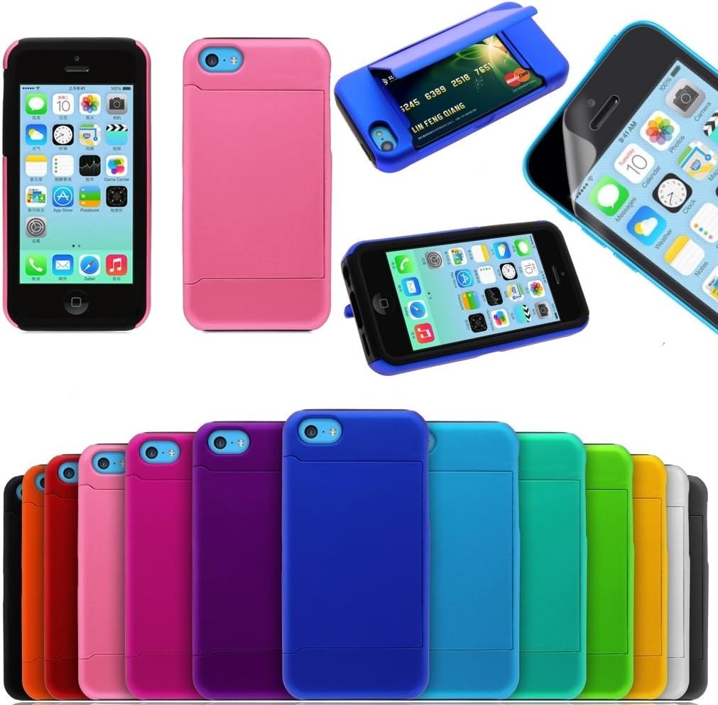 iPhone 5c Case, iPhone 5c Wallet Case, Dual Layer Armor Hybrid Shockproof Hard Plastic with Silicone Wallet Credit Card Stand Case with Screen Protector for Iphone 5c (Light Pink)