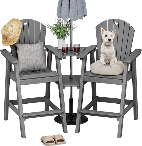 Juego de 2 sillas altas Adirondack para exteriores de polietileno de alta densidad con doble bandeja de conexión, muebles de patio resistentes a la