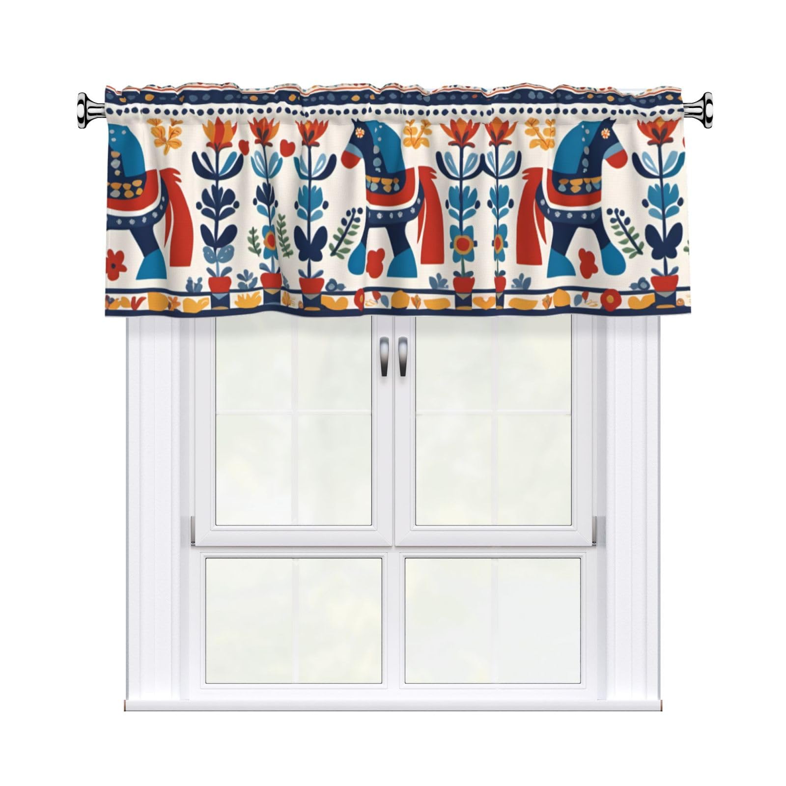 WHJDPP Swedish Dala Horse Folk Prints Charming Kitchen Window Cover – 54x18 Inch Peach Skin Valance with Decorative Print