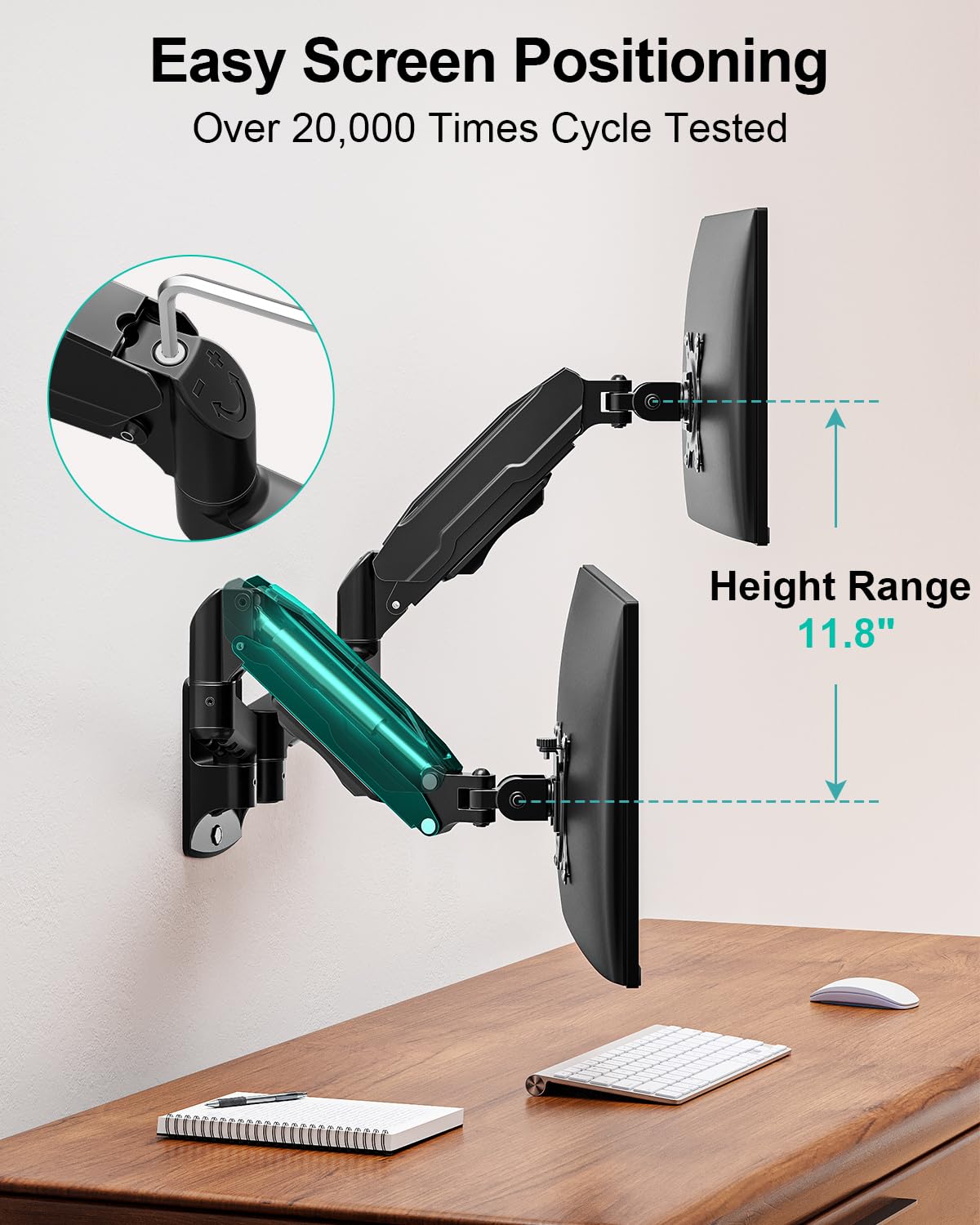 MOUNT PRO Staffa di montaggio a parete per doppio monitor, regolabile in altezza, articolata, con molla a gas, per schermi LCD da 13 a 32 pollici, supporta fino a 8 kg, VESA 75 x 75, 100 x 100