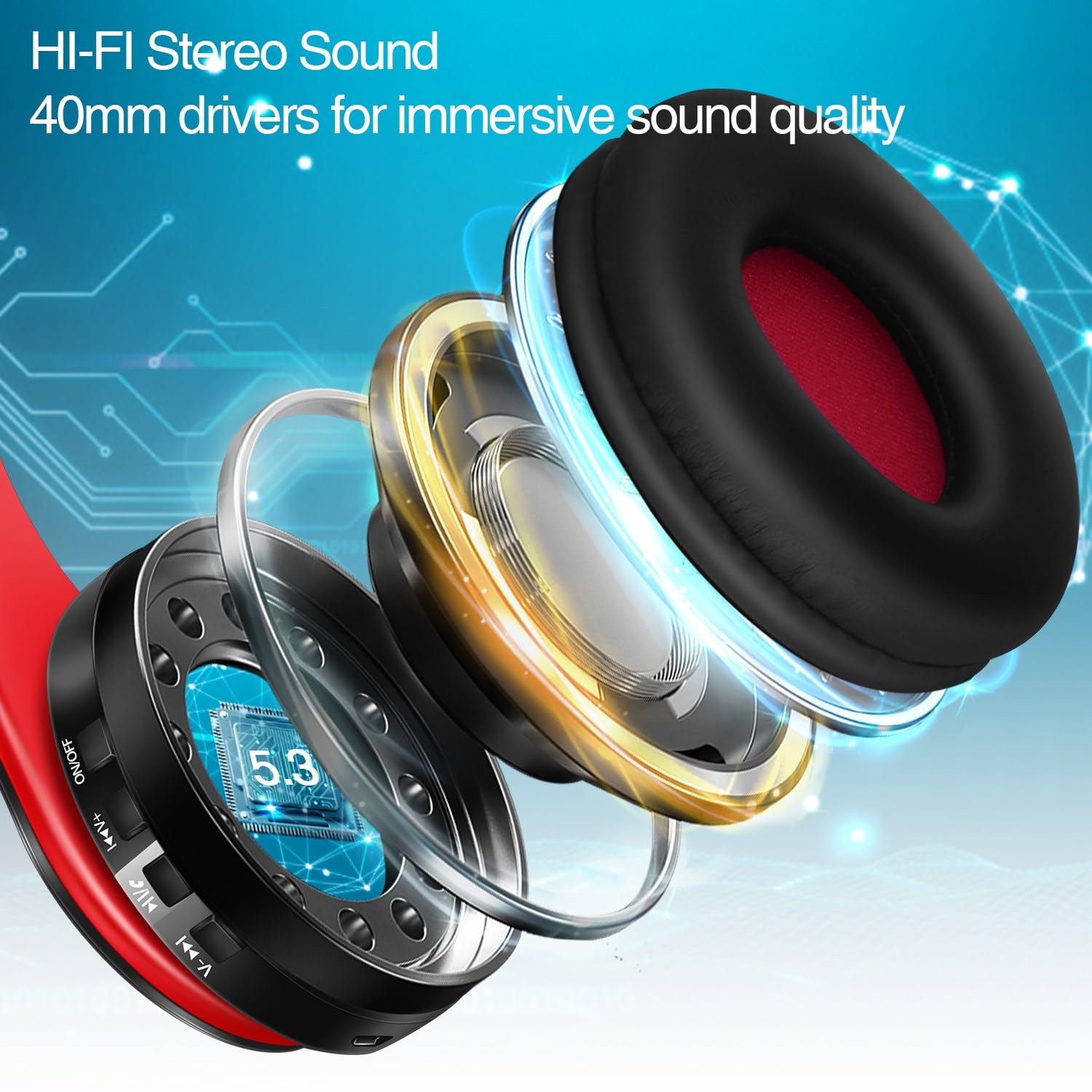 Bluetooth-Kopfhörer, Chat - Komfortable Over-Ear-Stereo-Kopfhörer, 6 atmende LED-Lichter, kabelloses Headset für Erwachsene, Teenager, Kinder, für Handy/Samsung/Pad/PC/Android/Laptop/TV (rot)