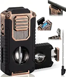5-in-1 Butane Torch Lighter with Built-in Punch, V Cutter, Draw Enhancer, and Fuel Window